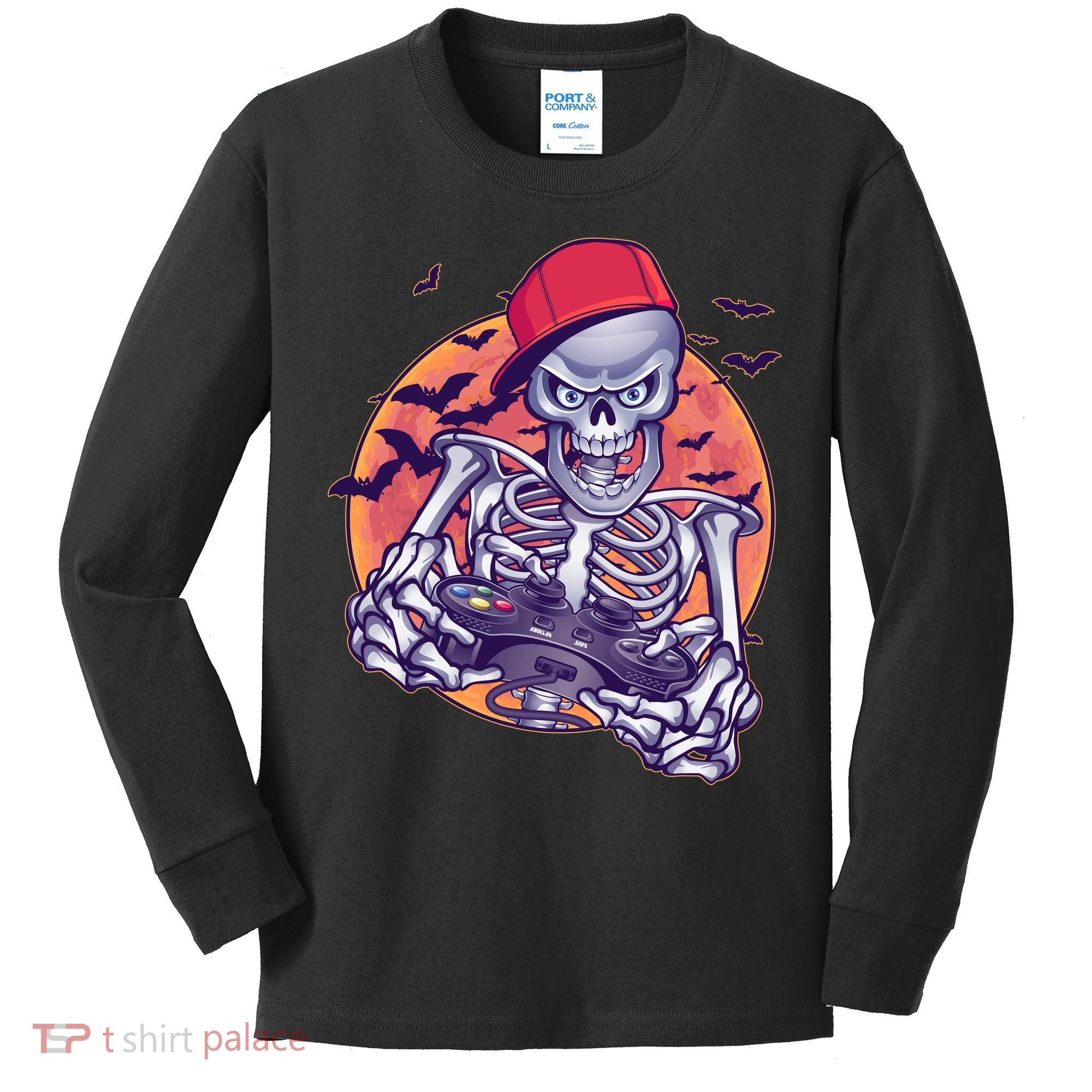 Halloween Video Gamer Skeleton Kids Long Sleeve Shirt