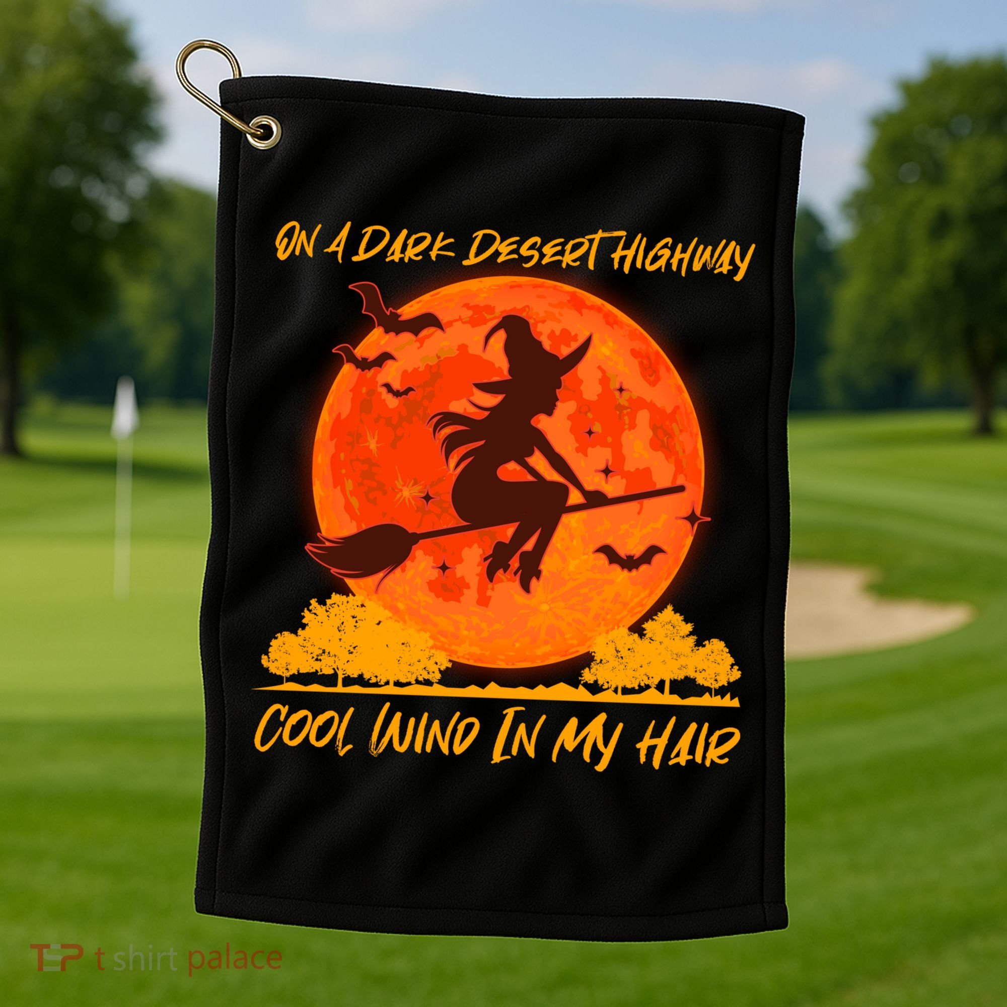 Halloween Witch On A Dark Desert Highway Golf Towel