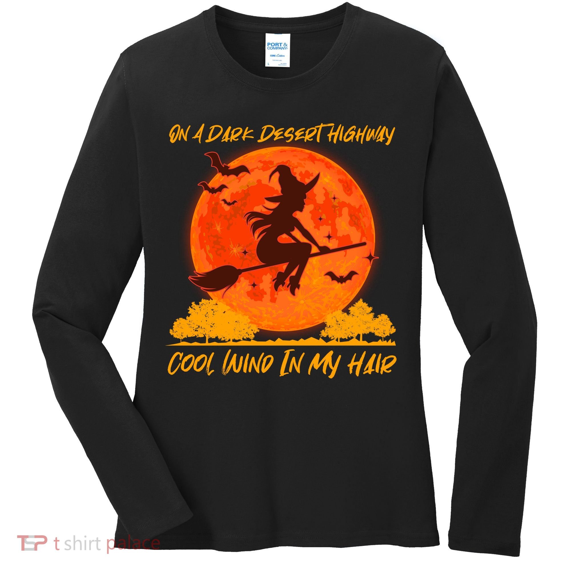 Halloween Witch On A Dark Desert Highway Women's Long Sleeve Shirt
