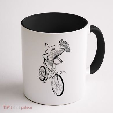 Hammerhead Shark Riding Bicycle Coffee Mug back