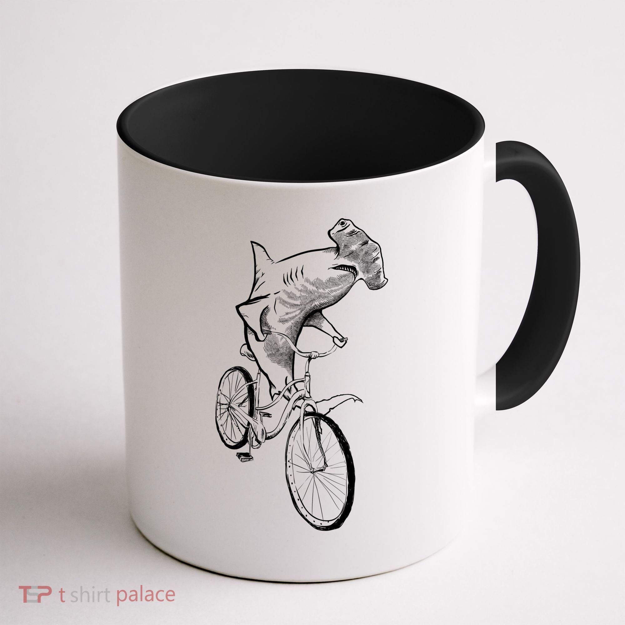 Hammerhead Shark Riding Bicycle Coffee Mug