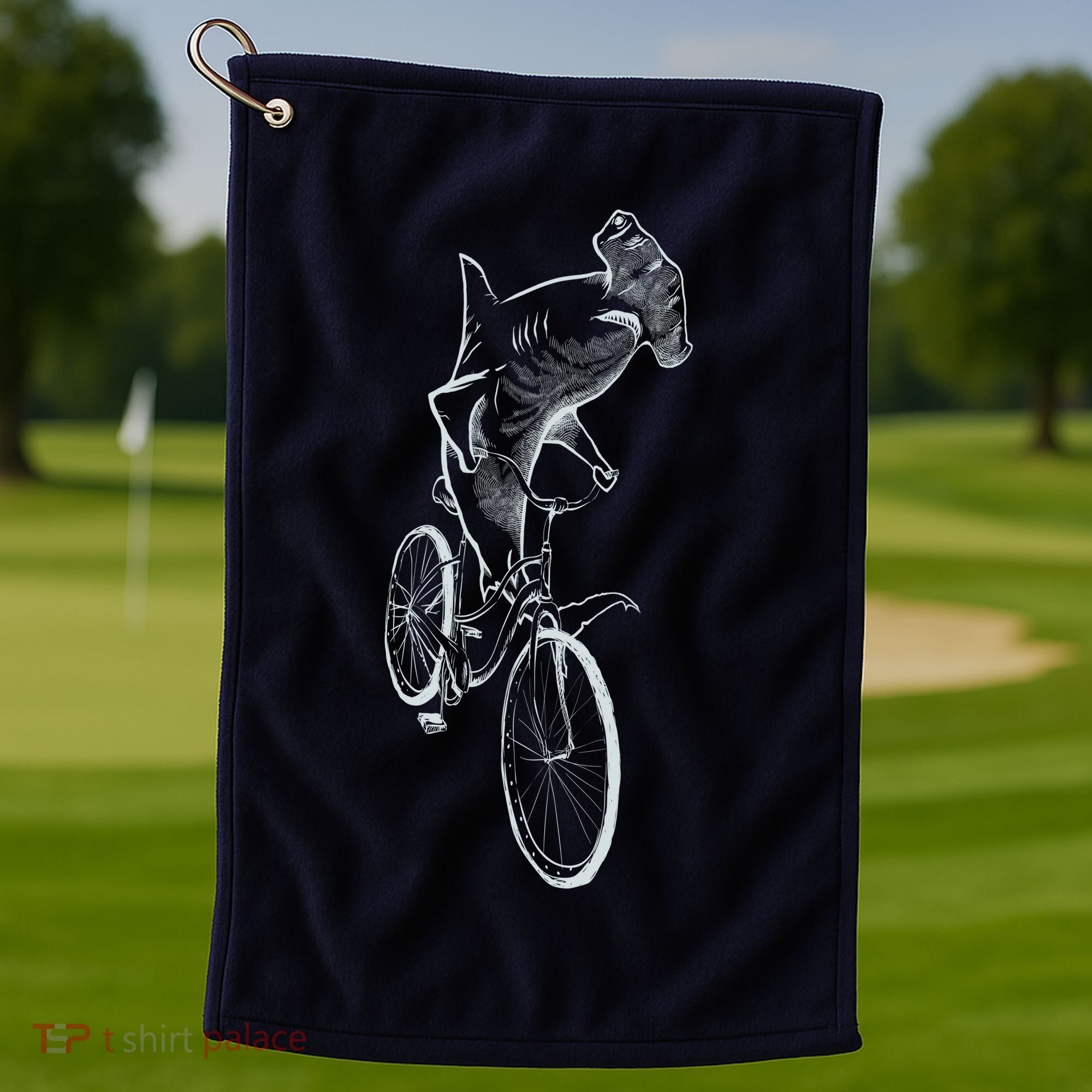 Hammerhead Shark Riding Bicycle Golf Towel