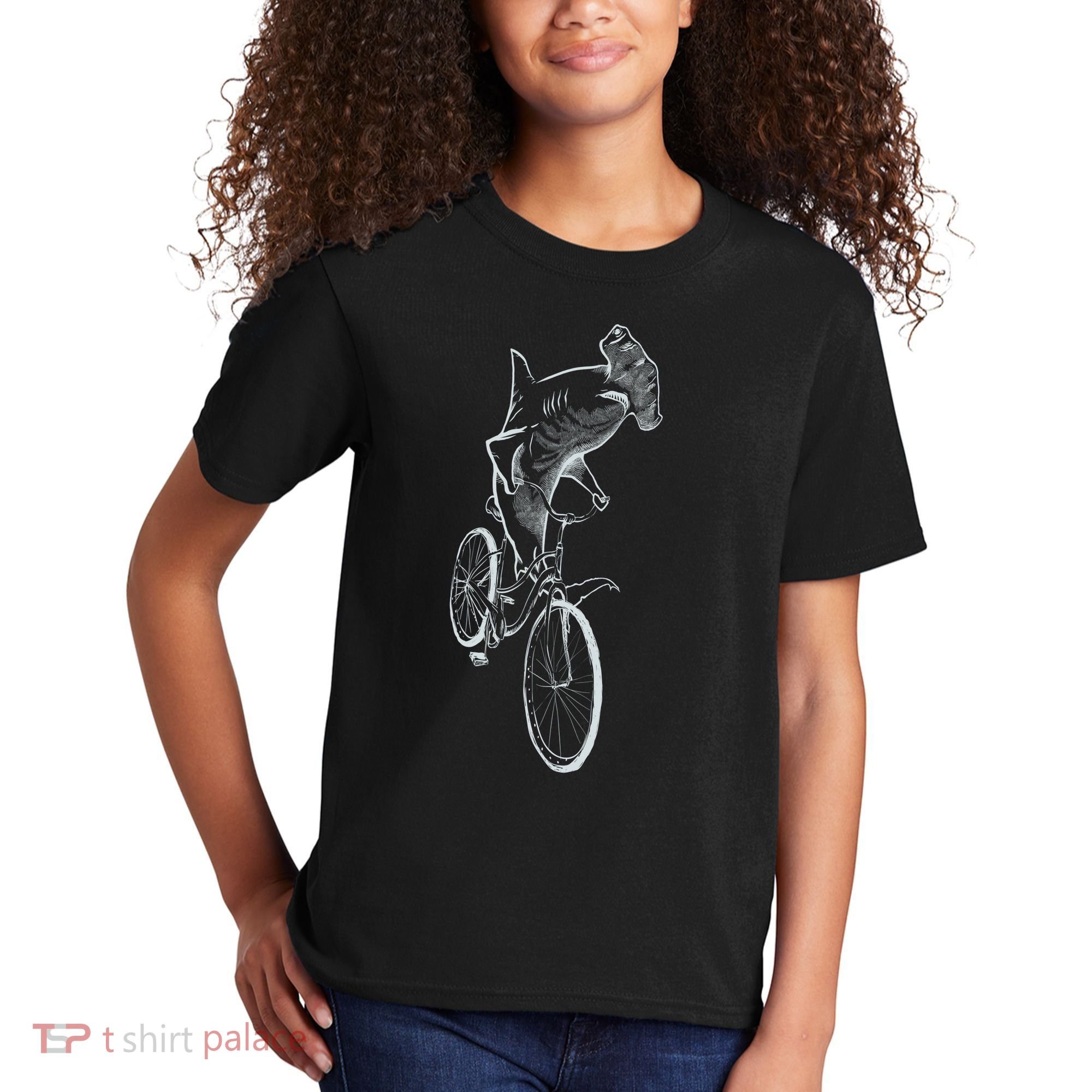 Hammerhead Shark Riding Bicycle Kids T-Shirt