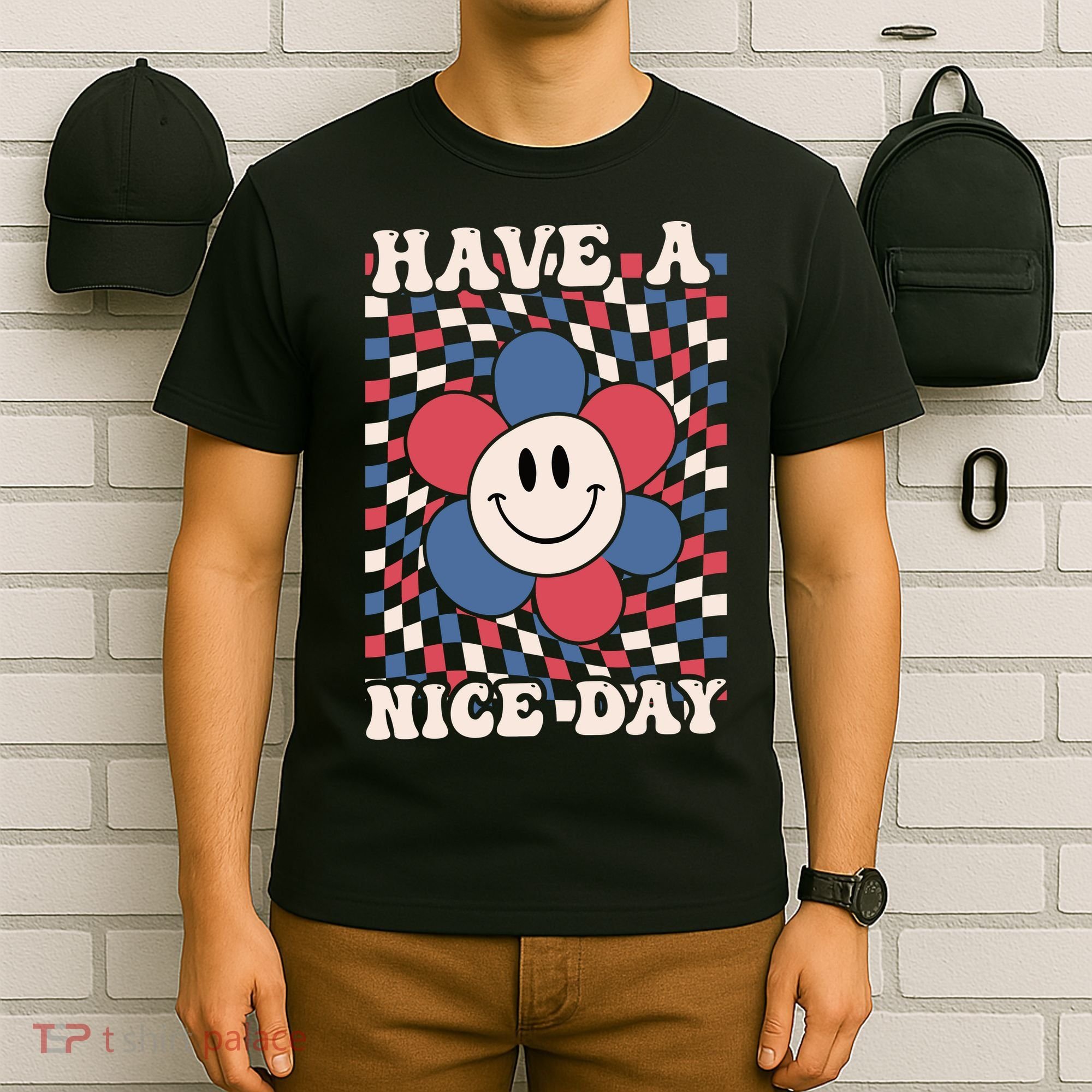 Have A Nice Day 4th Of July Funny Smiley Flower Red White Blue T-Shirt