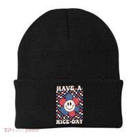 Have A Nice Day 4th Of July Funny Smiley Flower Red White Blue Beanie thumb 0