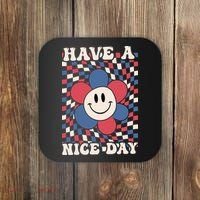 Have A Nice Day 4th Of July Funny Smiley Flower Red White Blue Coaster thumb 0
