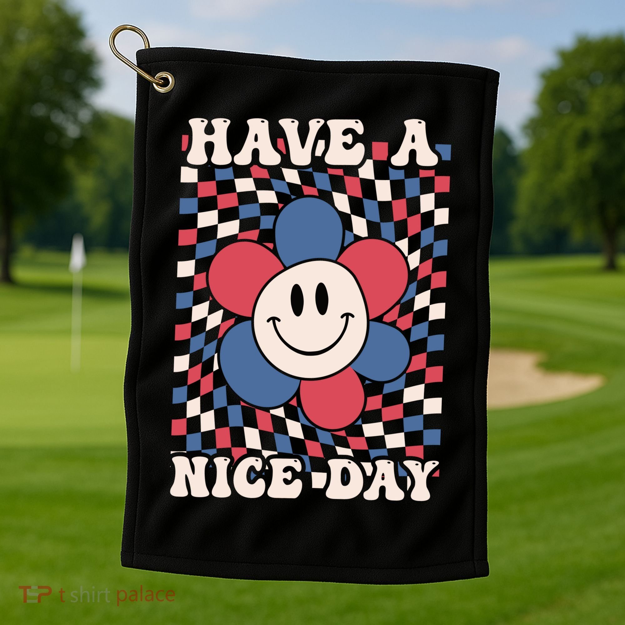 Have A Nice Day 4th Of July Funny Smiley Flower Red White Blue Golf Towel