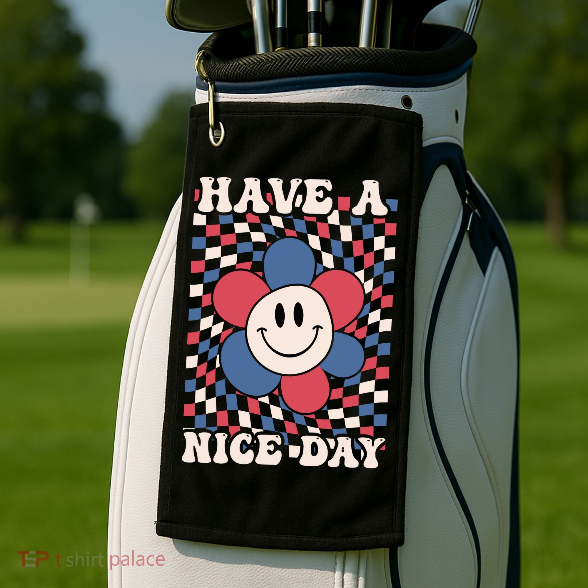 Have A Nice Day 4th Of July Funny Smiley Flower Red White Blue Golf Towel