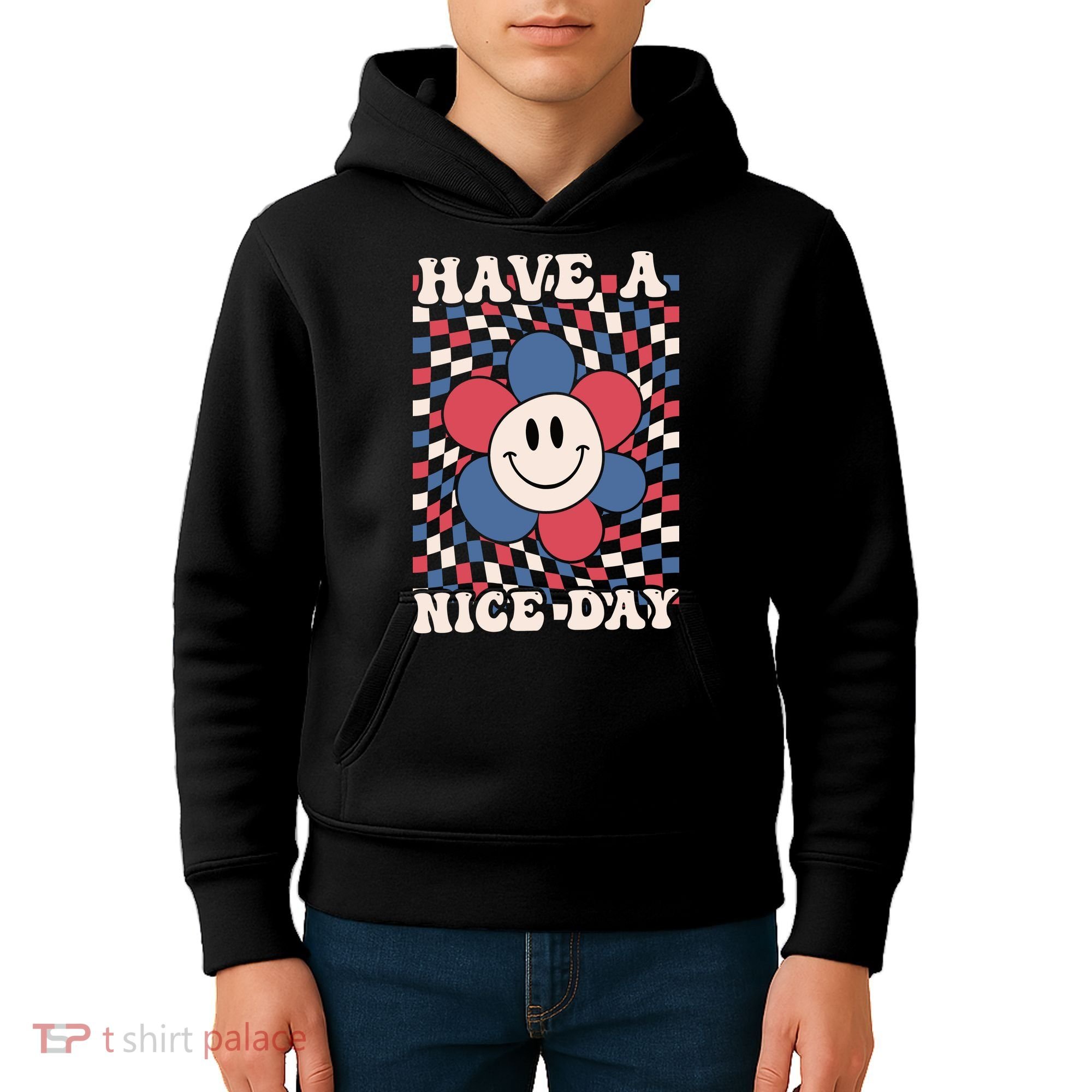 Have A Nice Day 4th Of July Funny Smiley Flower Red White Blue Kids Hoodie
