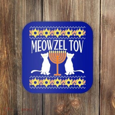 Hanukkah Meowzel Tov Ugly Sweater Coaster