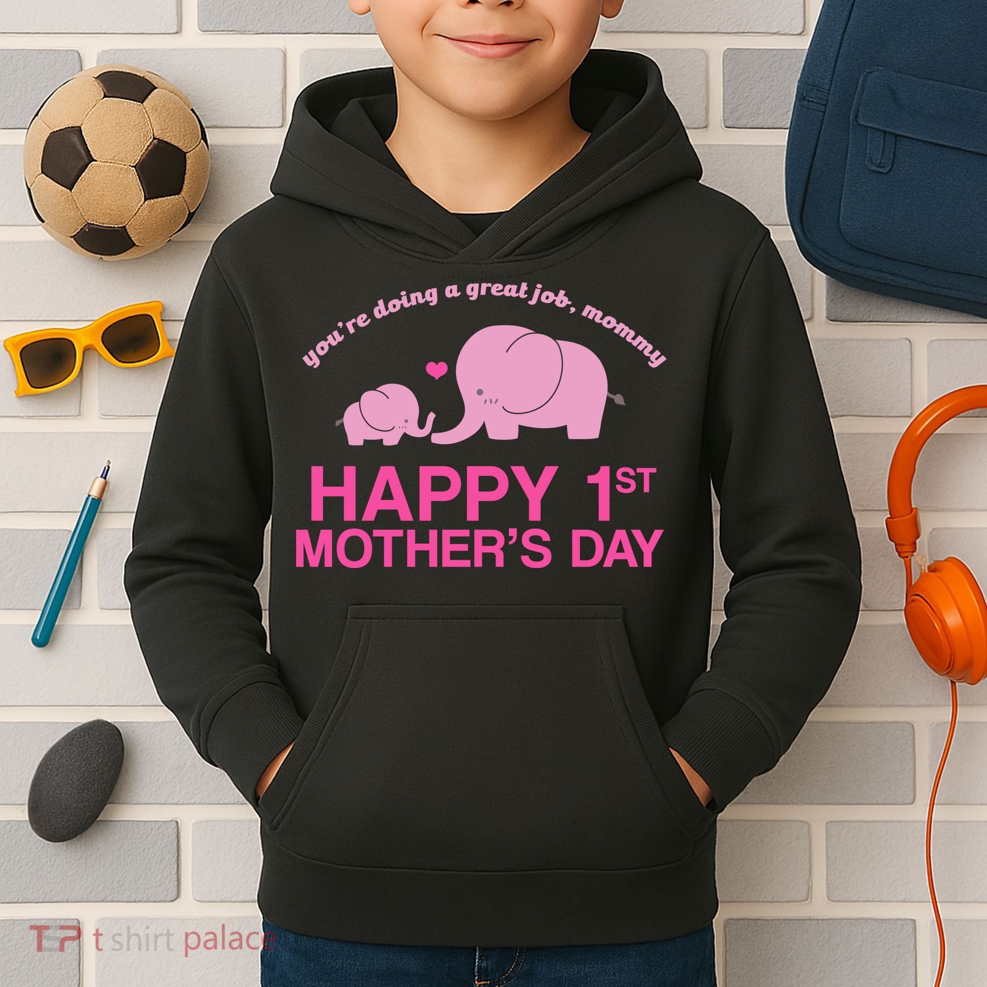 Happy 1st Mothers Day Cute Elephant Kids Hoodie