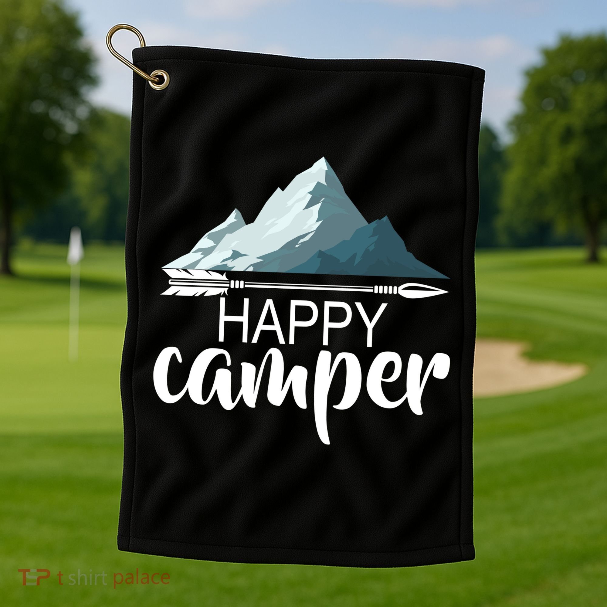 Happy Camper In The Mountains Golf Towel