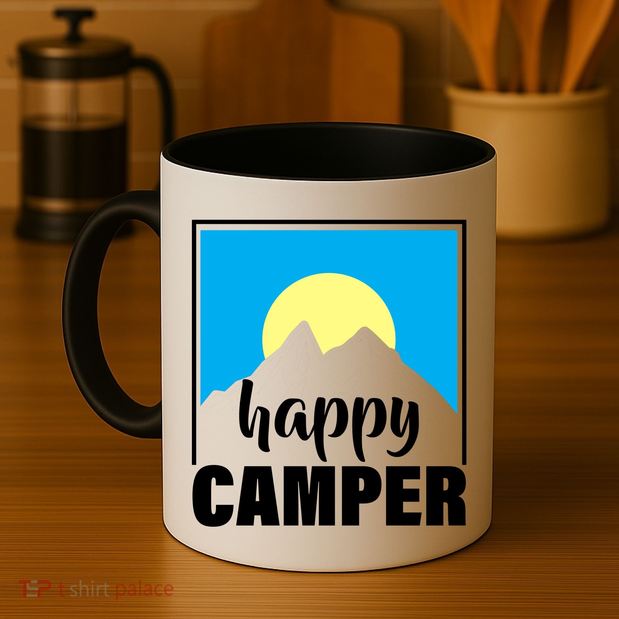 Happy Camper Sunrise Over Mountains Coffee Mug