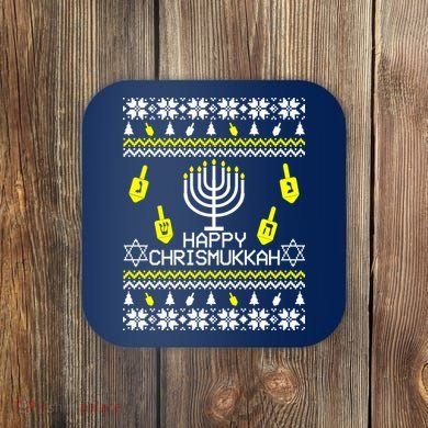 Happy Chrismukkah Hanukkah Ugly Christmas Coaster