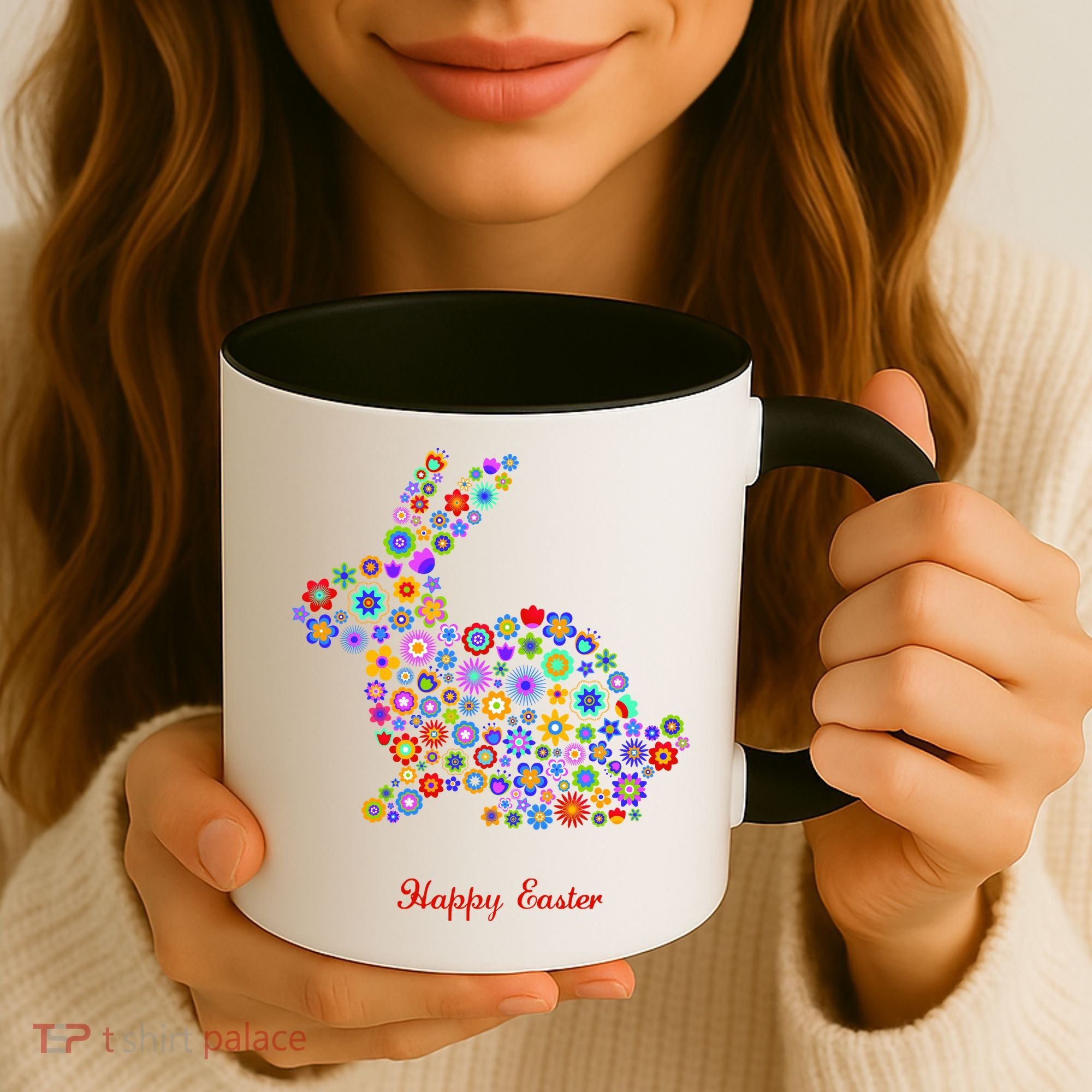 Happy Easter Bunny Rabbit Flowers Logo Coffee Mug