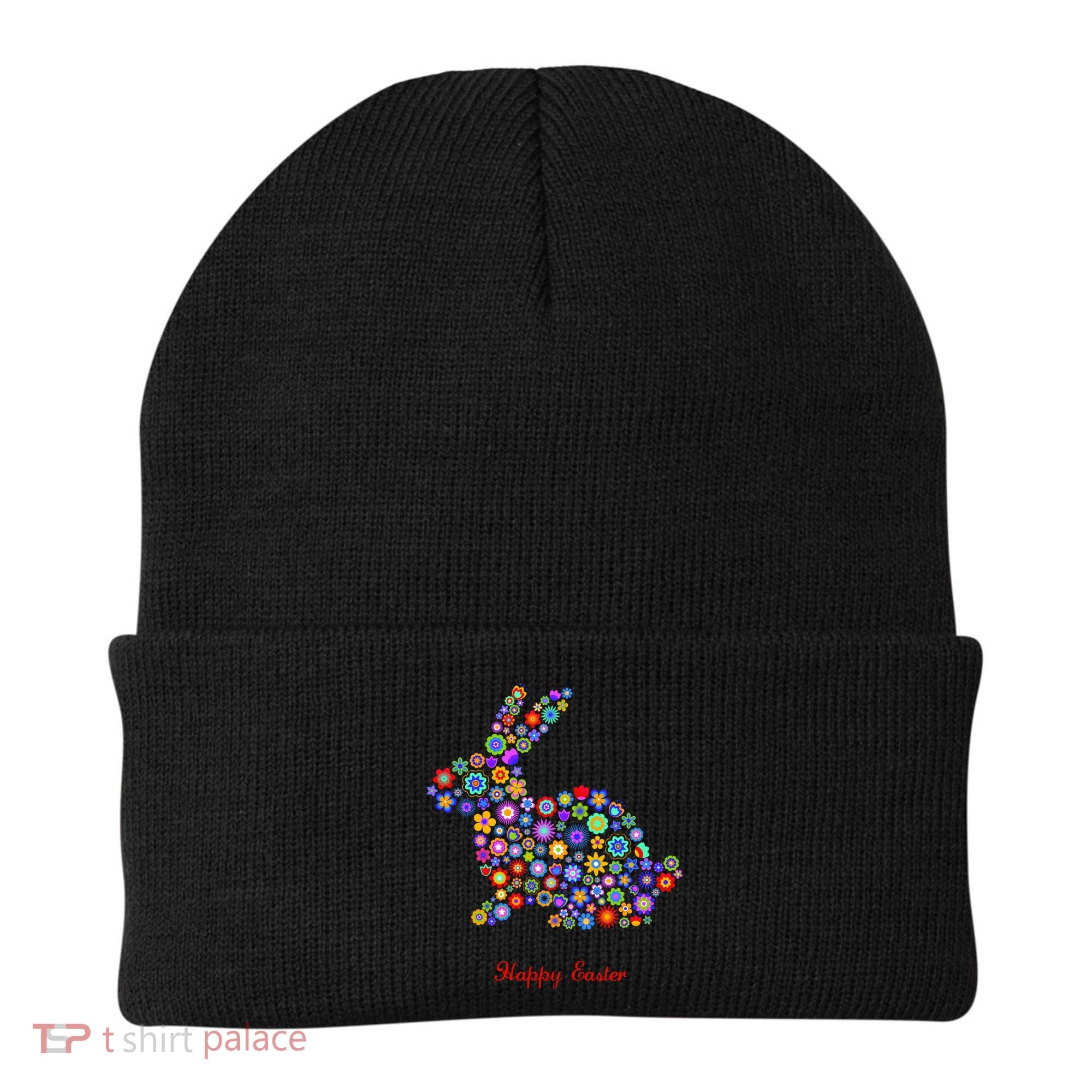 Happy Easter Bunny Rabbit Flowers Logo Beanie