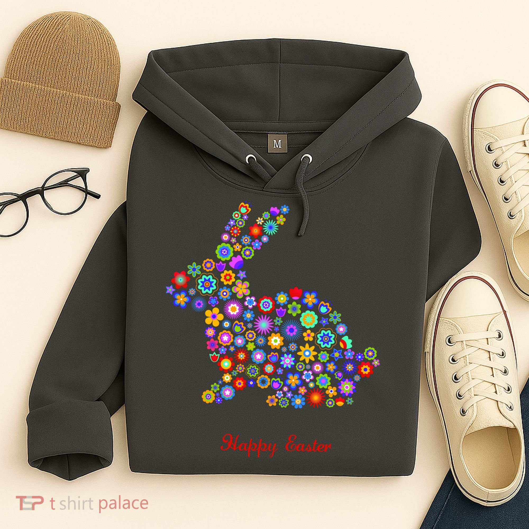 Happy Easter Bunny Rabbit Flowers Logo Hoodie