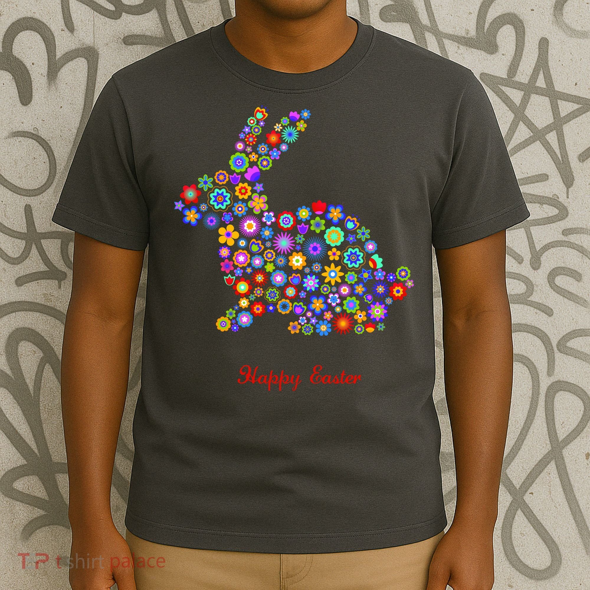 Happy Easter Bunny Rabbit Flowers Logo T-Shirt