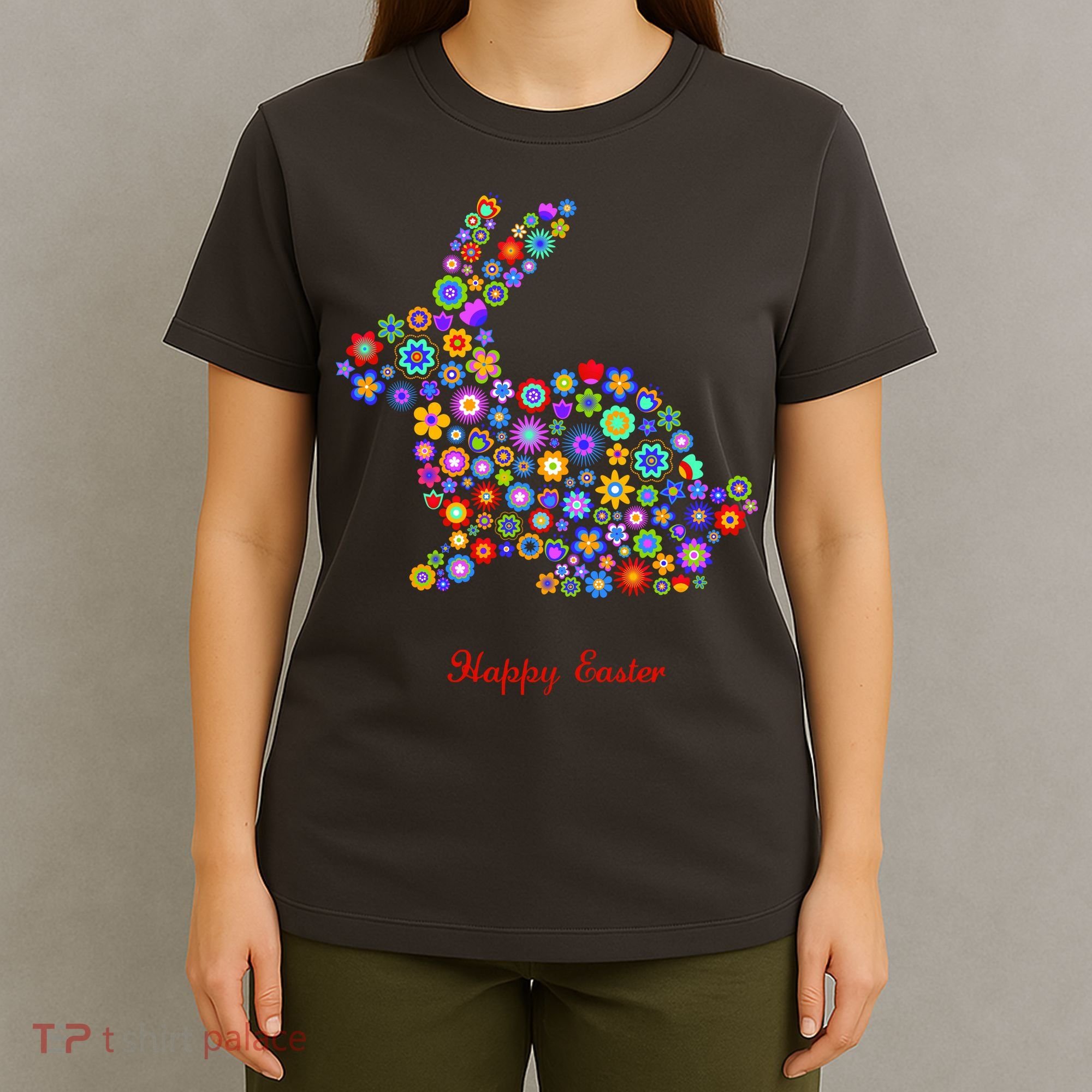 Happy Easter Bunny Rabbit Flowers Logo T-Shirt