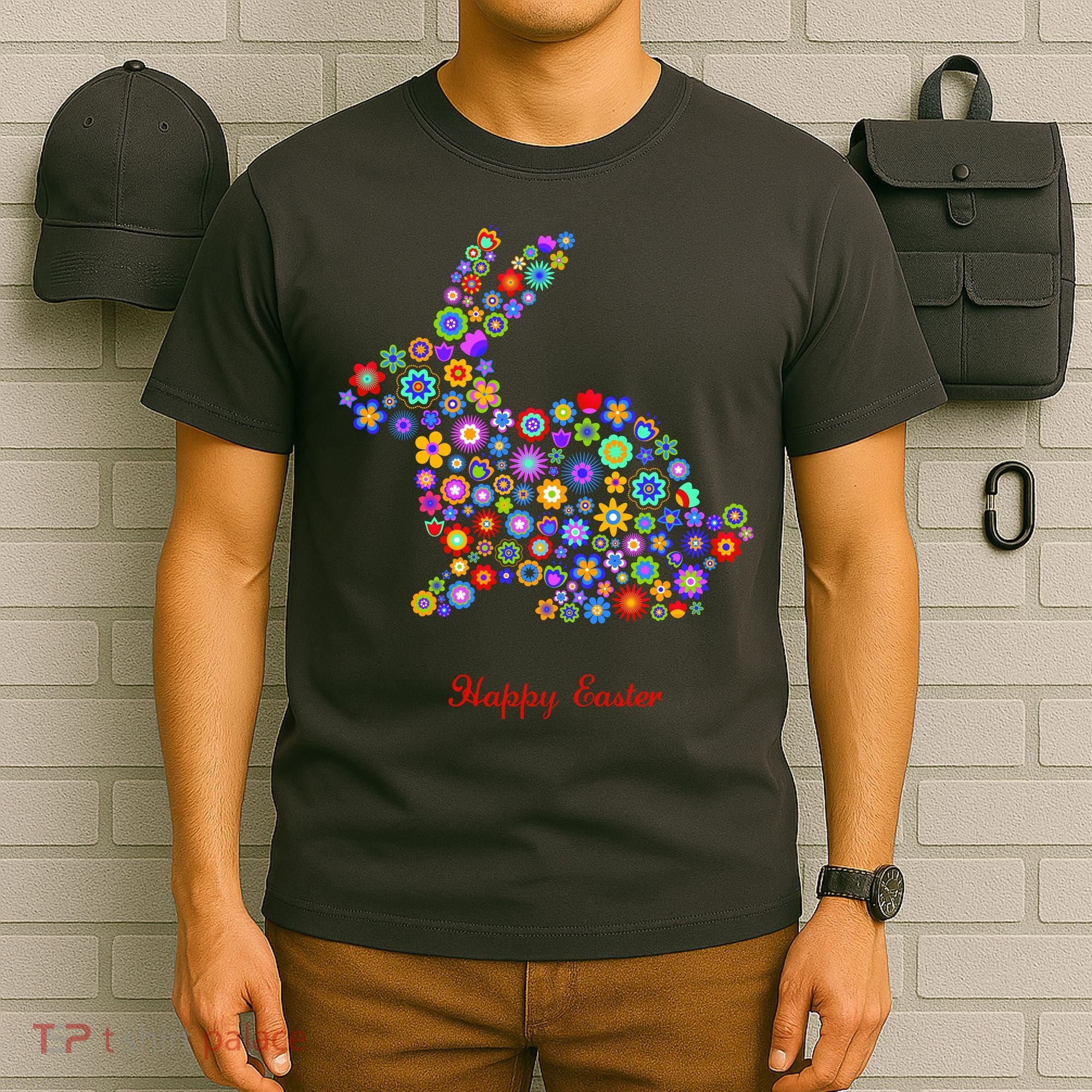 Happy Easter Bunny Rabbit Flowers Logo T-Shirt