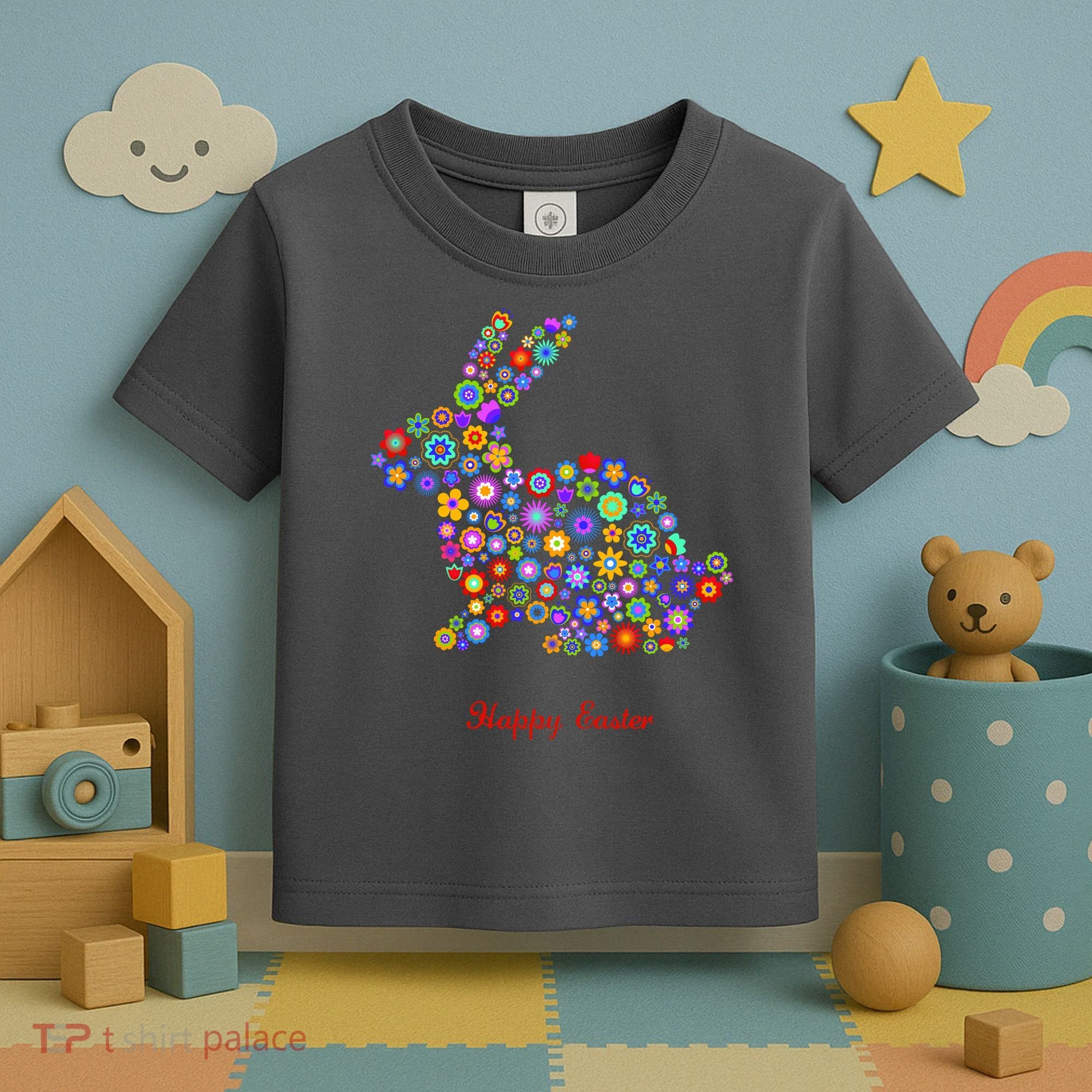 Happy Easter Bunny Rabbit Flowers Logo Toddler T-Shirt