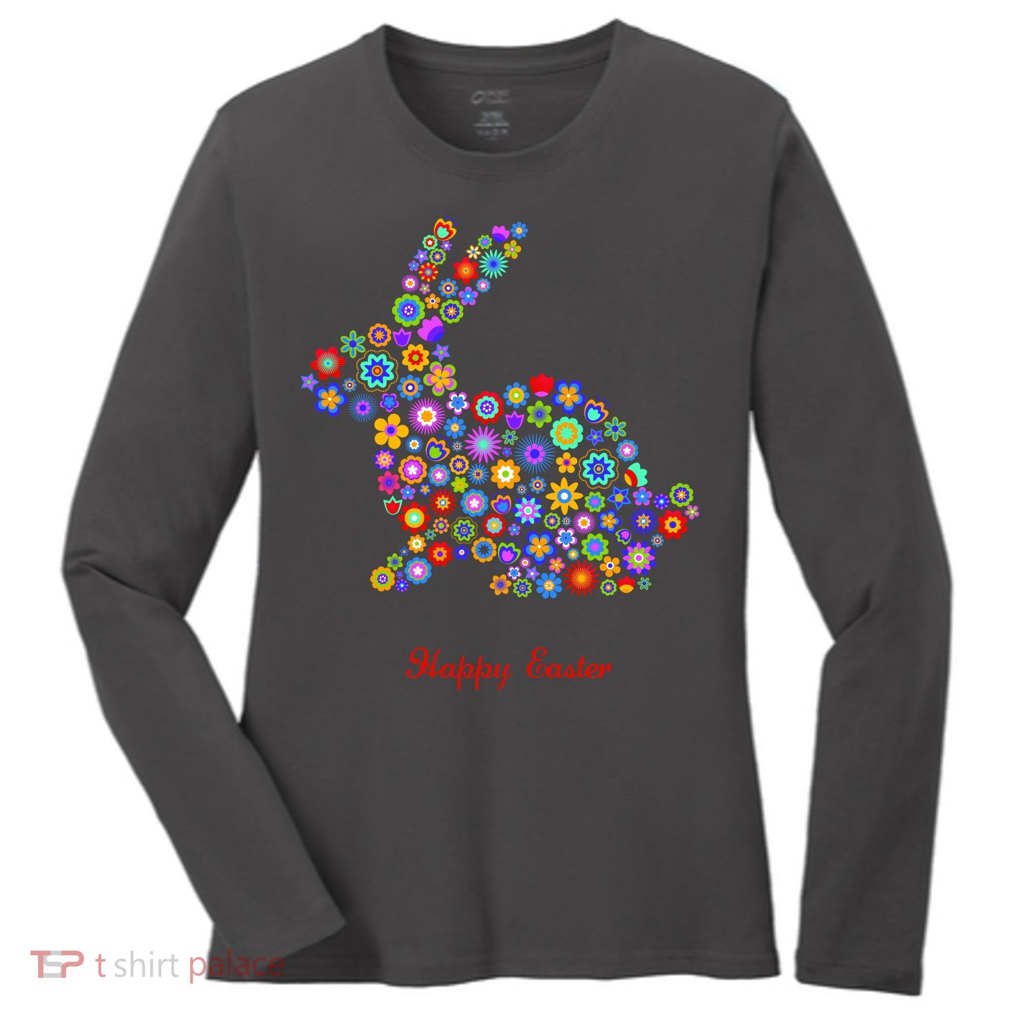 Happy Easter Bunny Rabbit Flowers Logo Women's Long Sleeve Shirt
