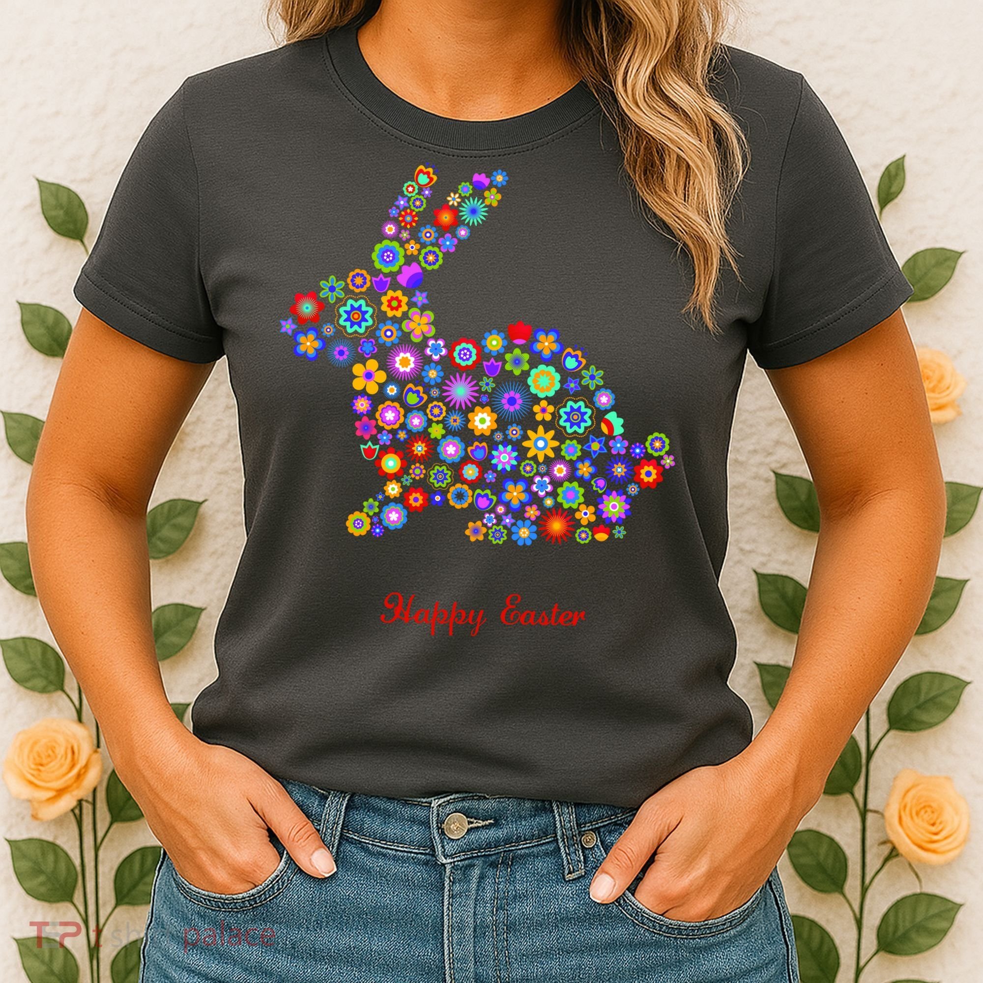 Happy Easter Bunny Rabbit Flowers Logo Women's T-Shirt