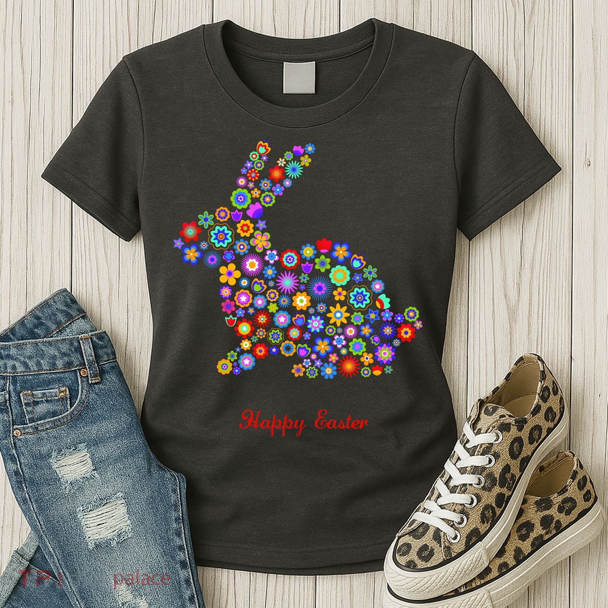 Happy Easter Bunny Rabbit Flowers Logo Women's T-Shirt