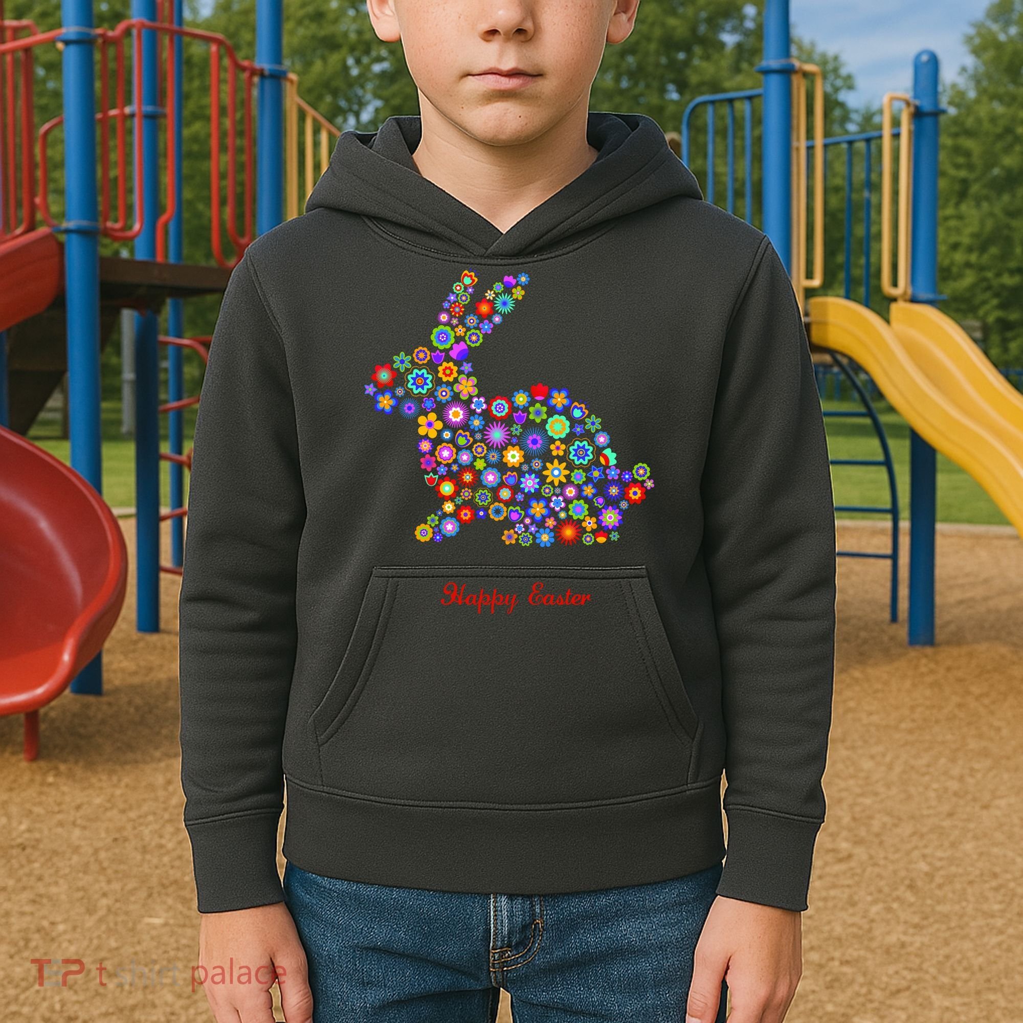 Happy Easter Bunny Rabbit Flowers Logo Kids Hoodie