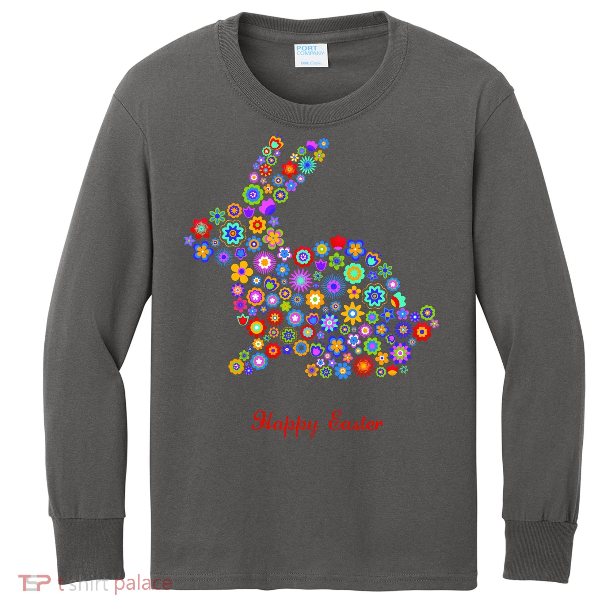 Happy Easter Bunny Rabbit Flowers Logo Kids Long Sleeve Shirt