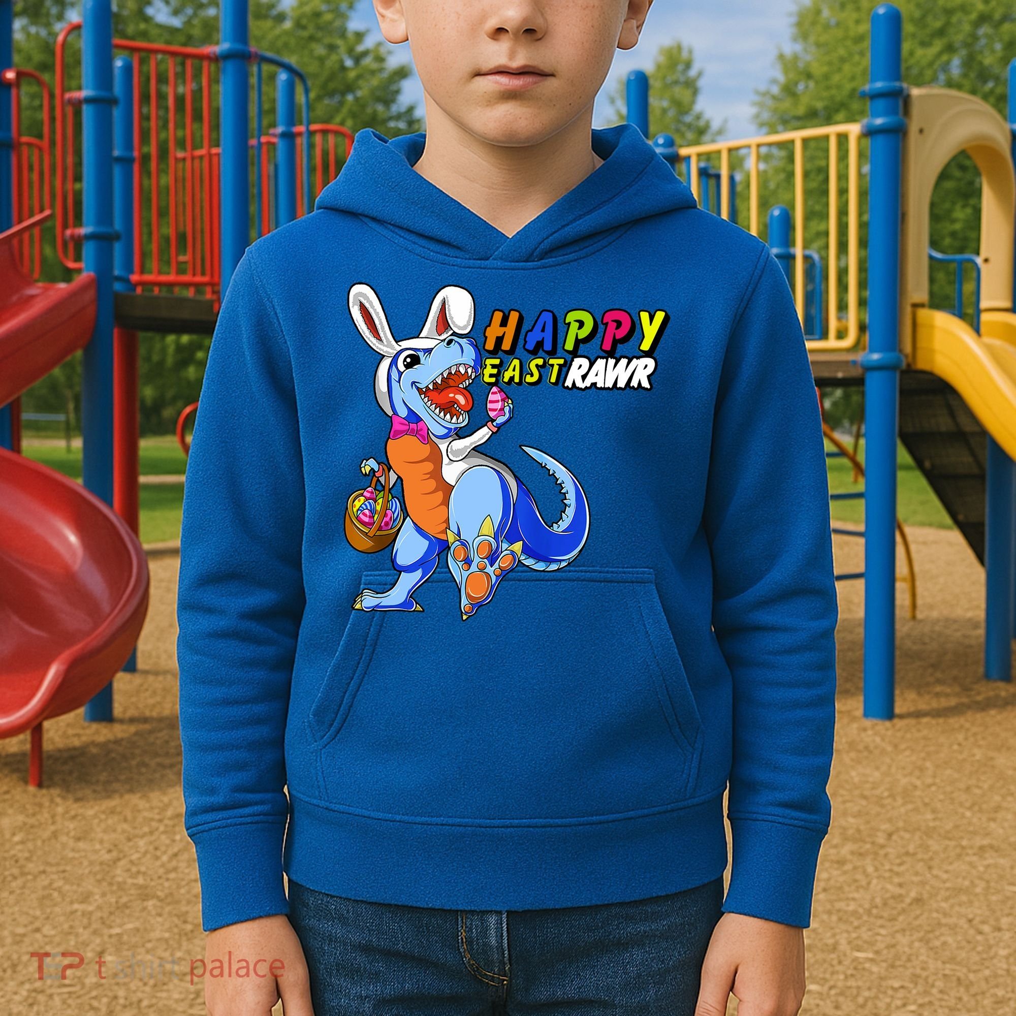 Happy EastRawar T-Rex Dino Easter Eggs Kids Hoodie