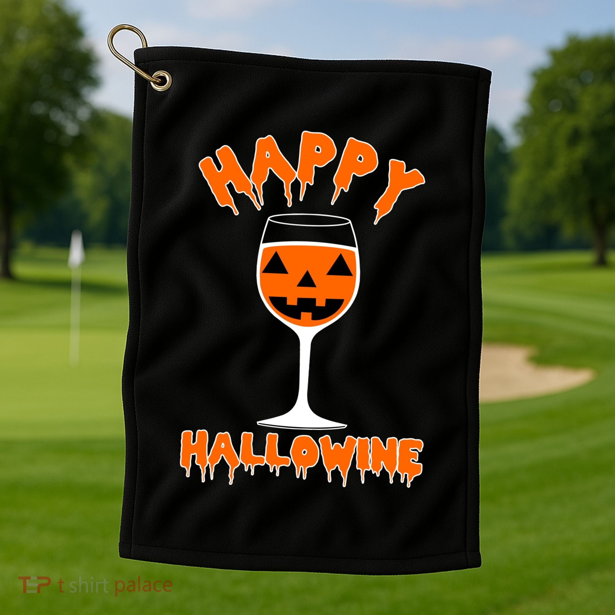 Happy Hallowine Funny Halloween Wine Golf Towel