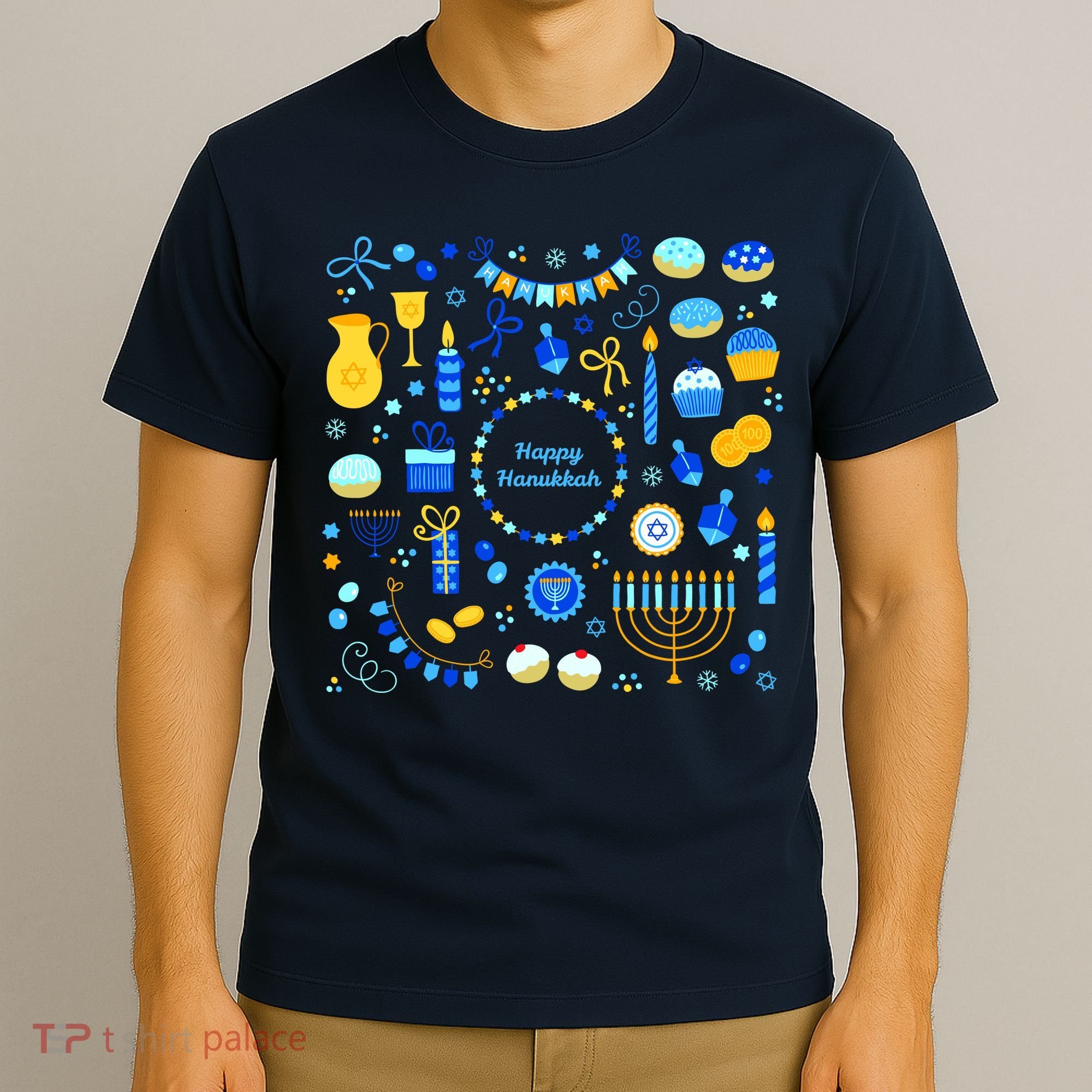 Happy Hanukkah Dreidel Star of David Menorah Mashup T-Shirt