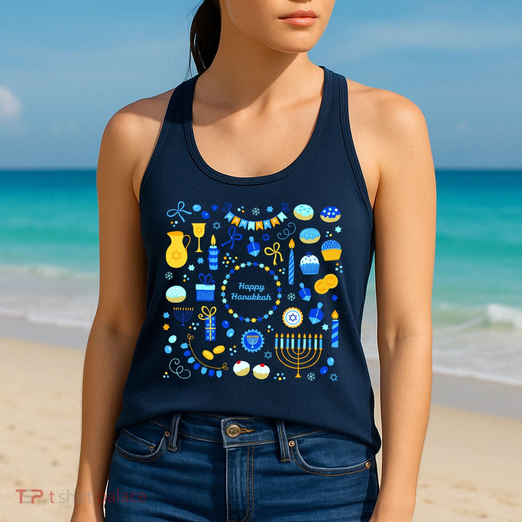 Happy Hanukkah Dreidel Star of David Menorah Mashup Women's Tank Top