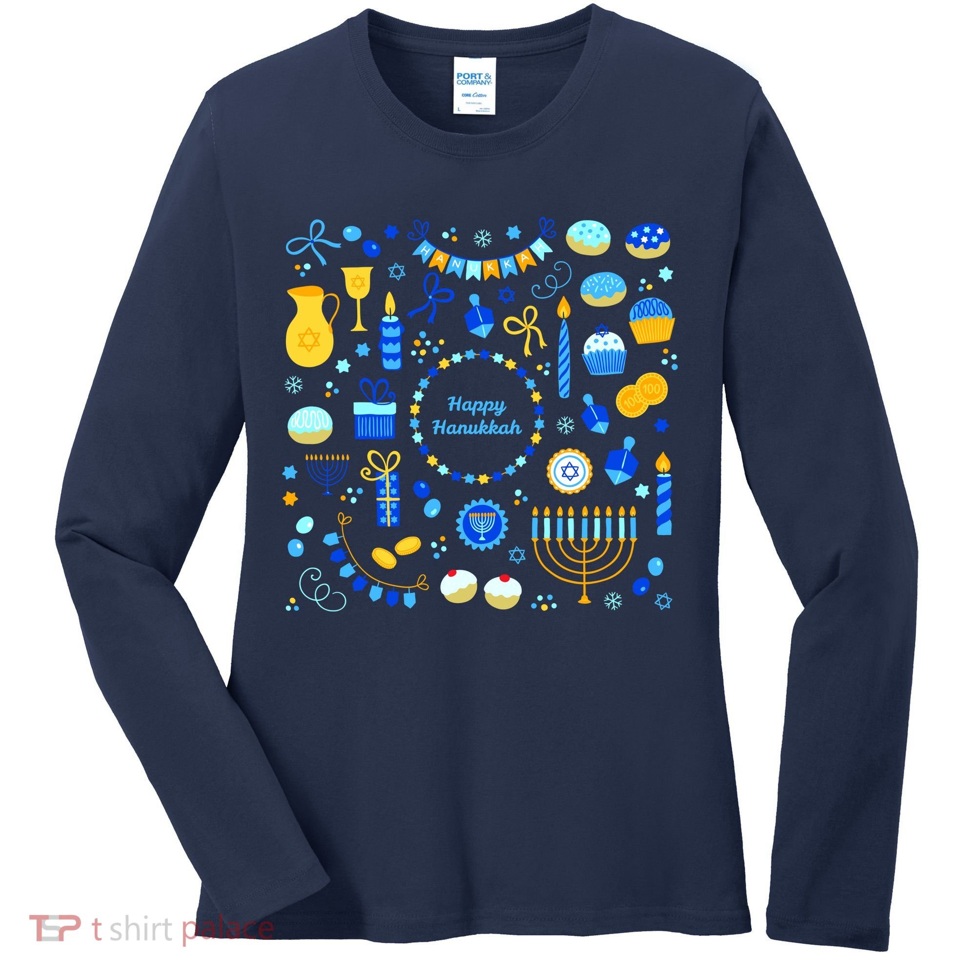 Happy Hanukkah Dreidel Star of David Menorah Mashup Women's Long Sleeve Shirt