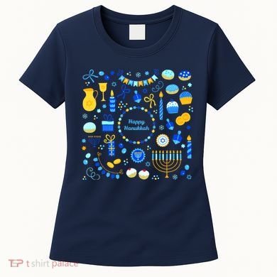 Happy Hanukkah Dreidel Star of David Menorah Mashup Women's T-Shirt