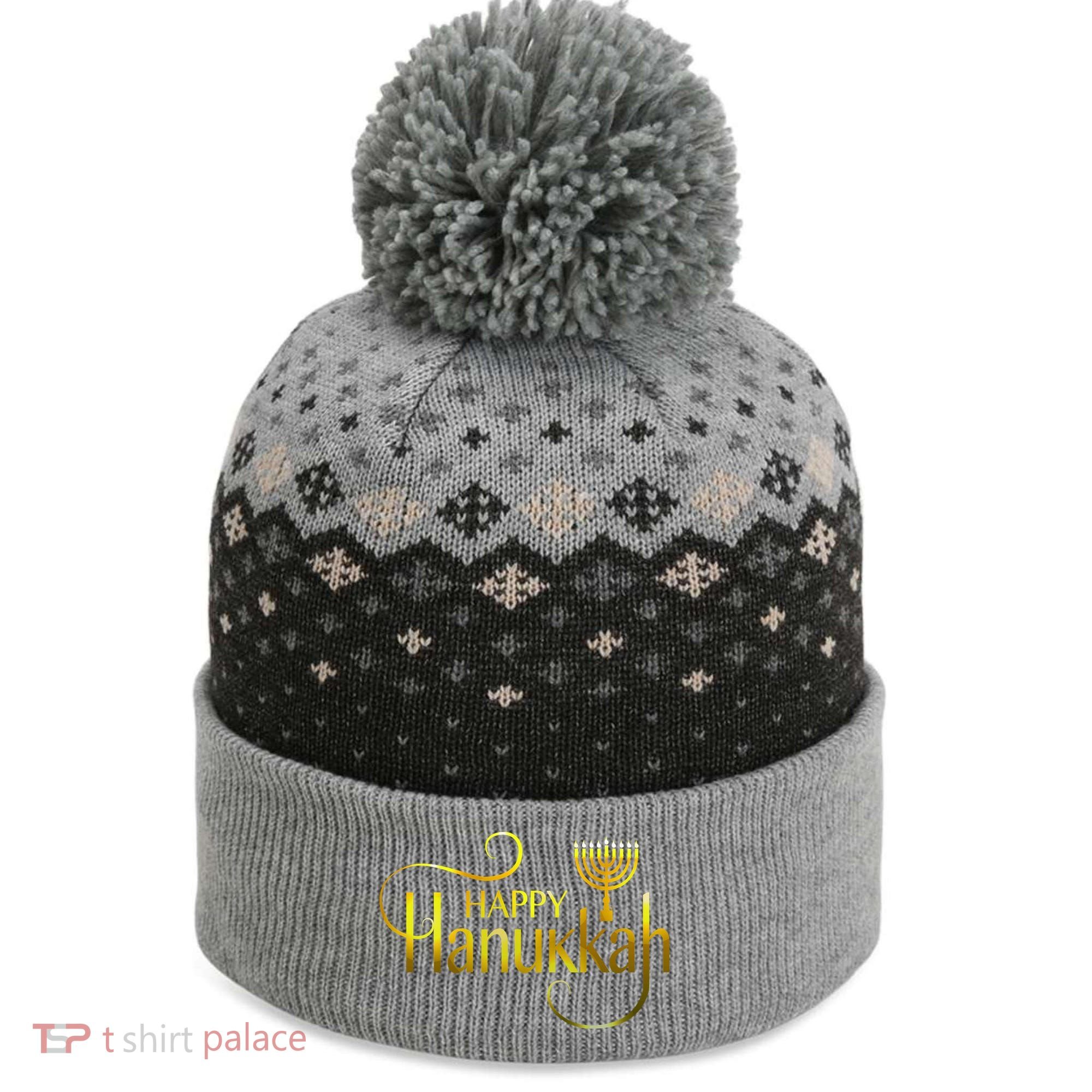 Happy Haunkkah Menorah Logo The Baniff Cuffed Pom Beanie