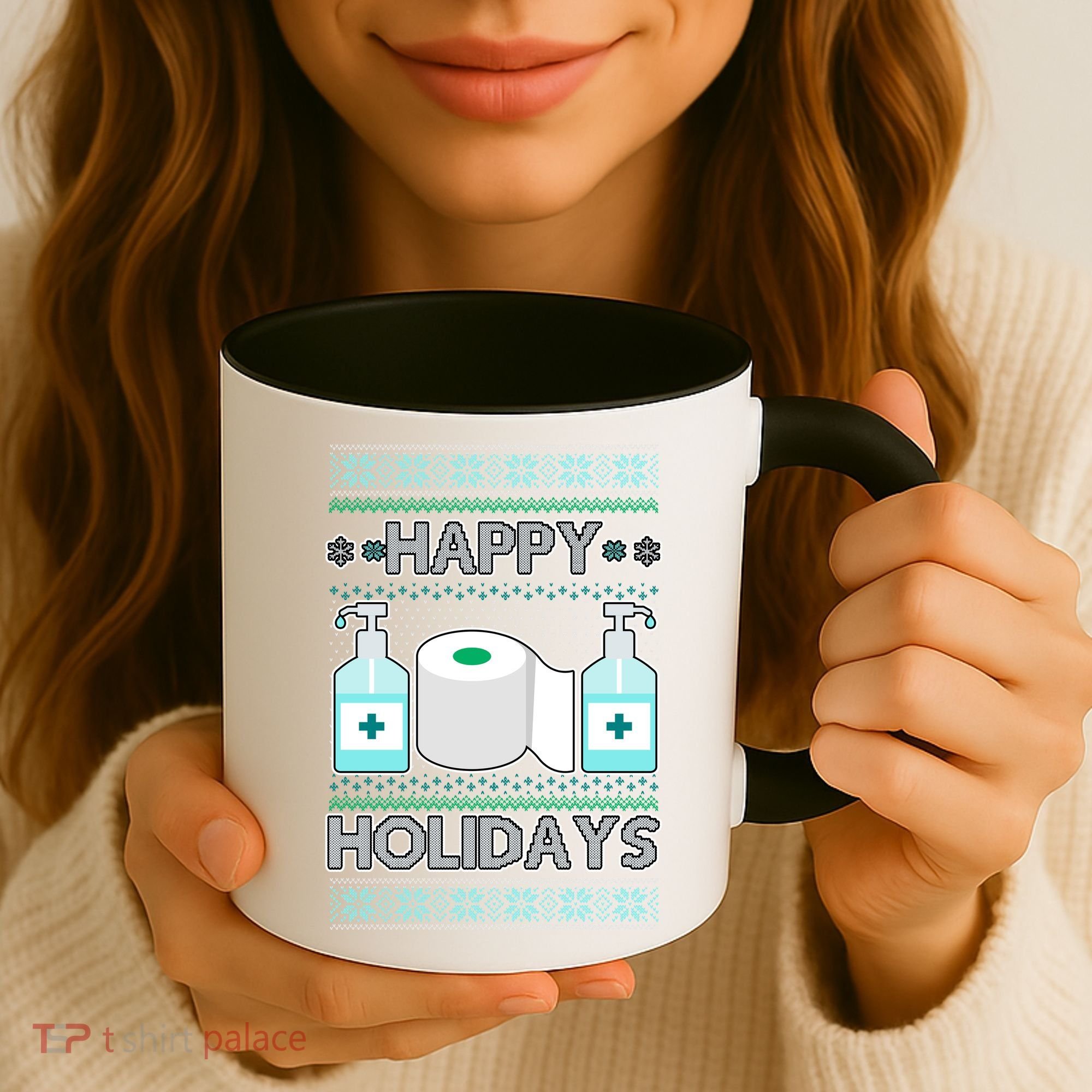Happy Holidays Toilet Paper Hand Sanitizer Ugly Christmas Sweater  Coffee Mug