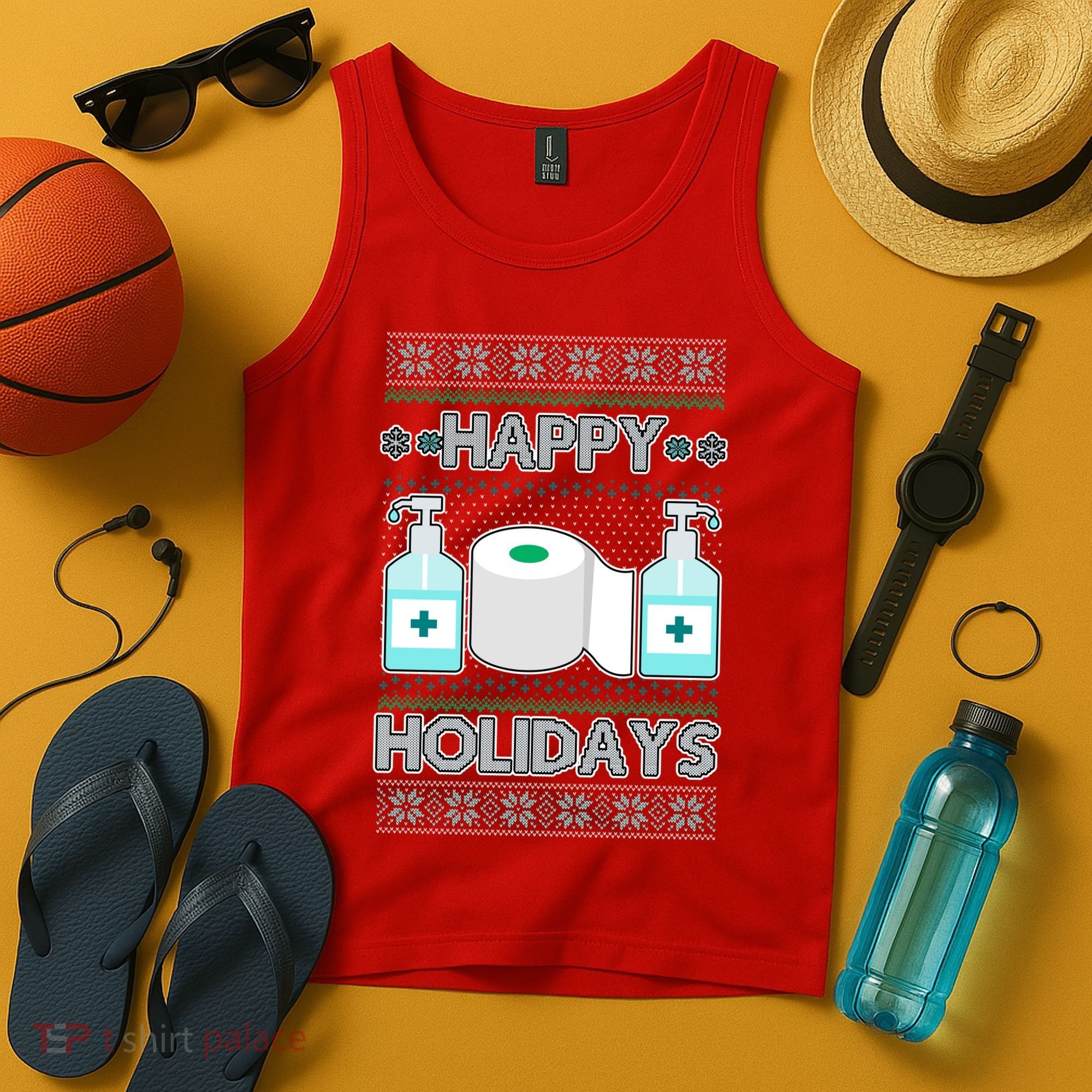 Happy Holidays Toilet Paper Hand Sanitizer Ugly Christmas Sweater  Tank Top
