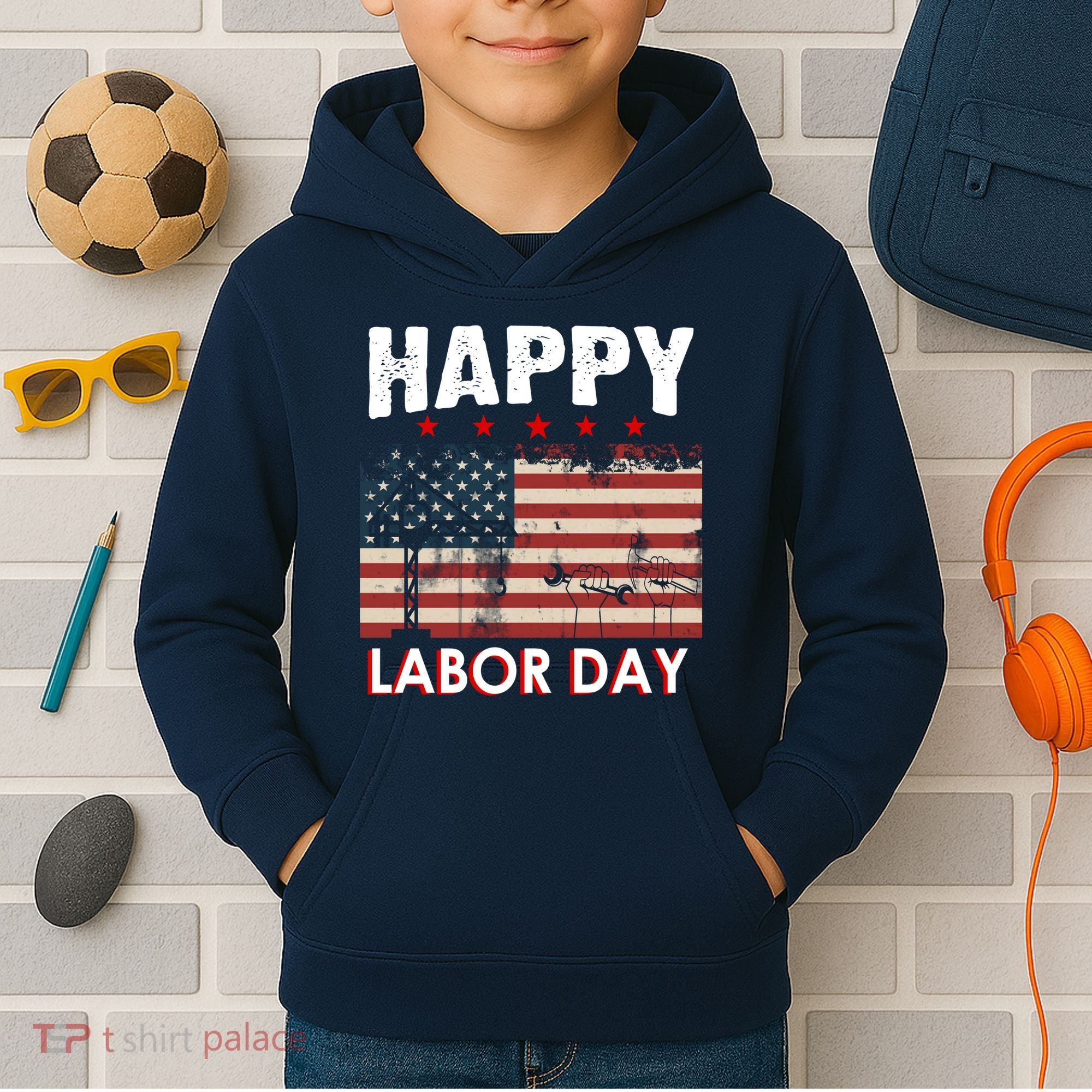 Happy Labor Day American Workers Flag Kids Hoodie