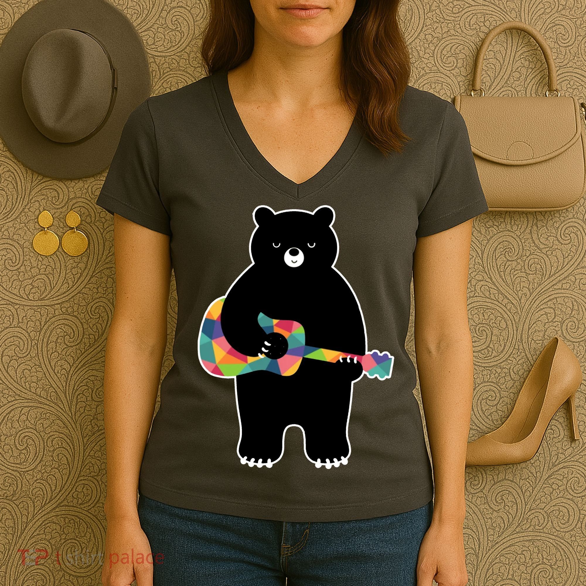 Happy Song Bear Guitar Women's V-Neck T-Shirt