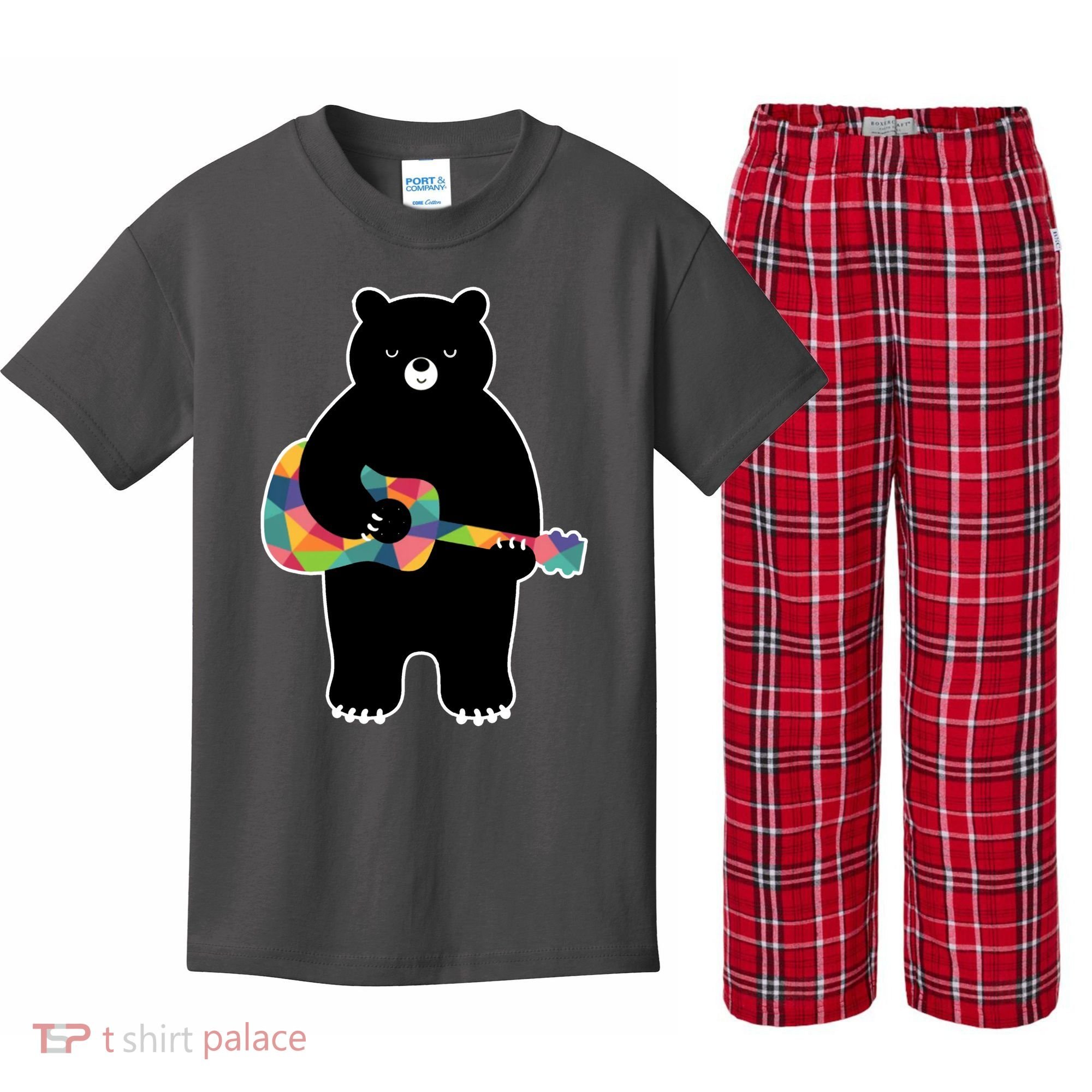 Happy Song Bear Guitar Kids Plaid Pajama Set