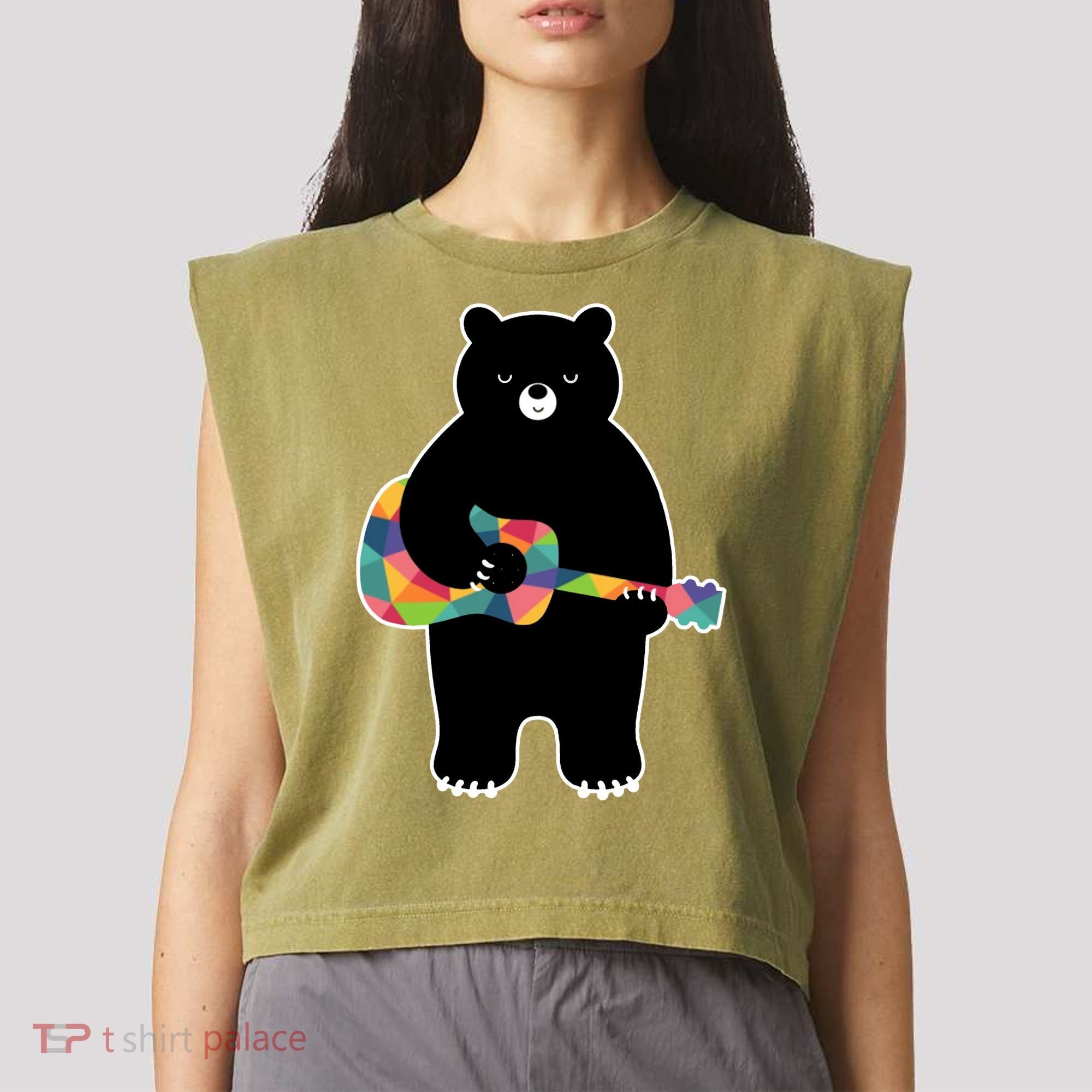 Happy Song Bear Guitar Garment-Dyed Women's Muscle Tee