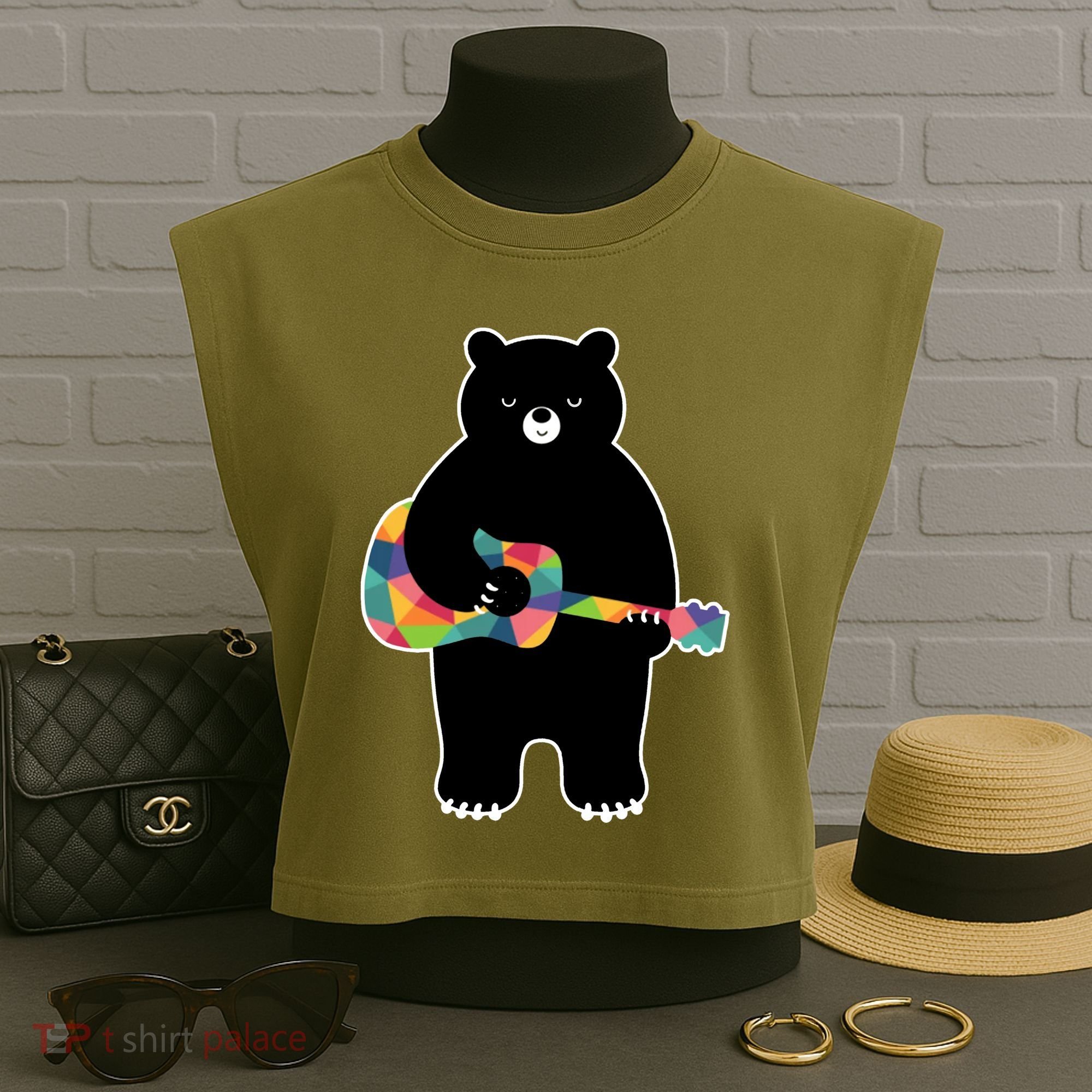 Happy Song Bear Guitar Garment-Dyed Women's Muscle Tee