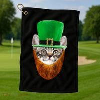 Happy St Catrick's Day Funny Cat Ginger Beard St Patrick's Day Golf Towel thumb 1