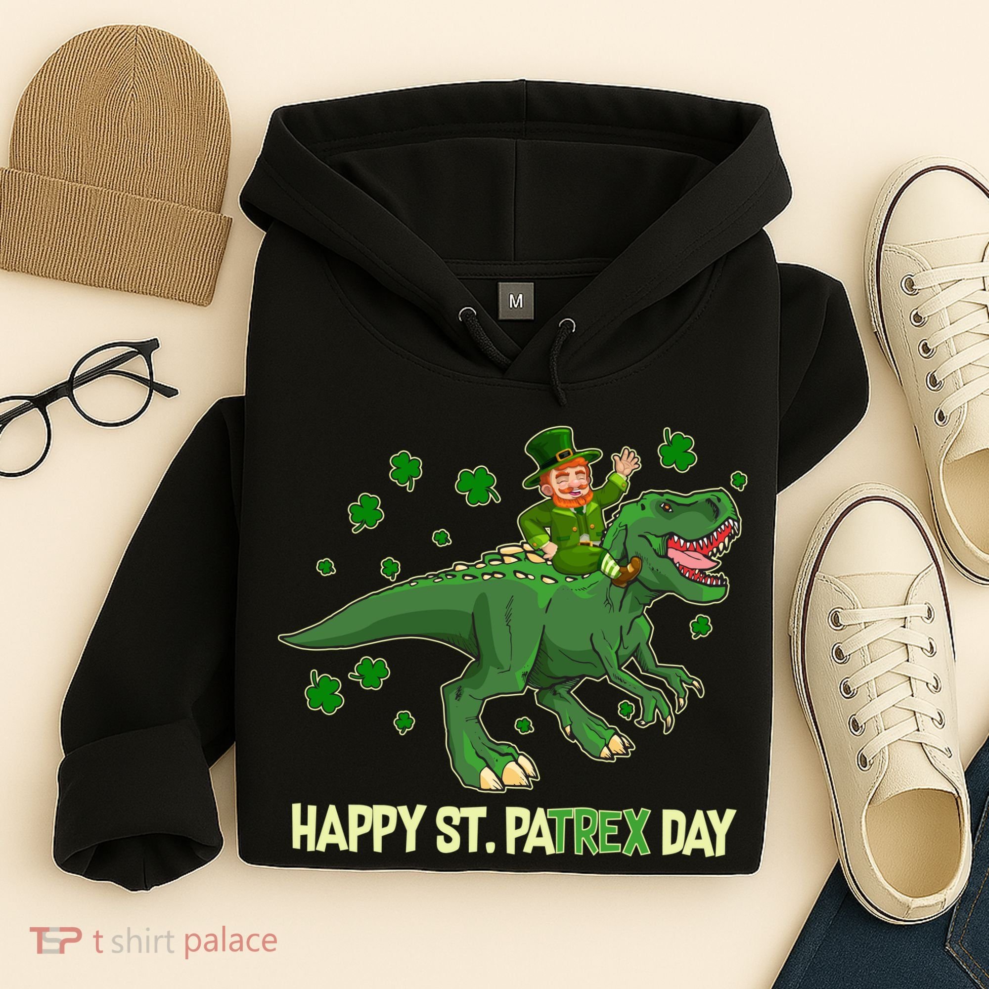 Happy St PaTREX Day Leprechaun Riding T-Rex Dinosaur Hoodie