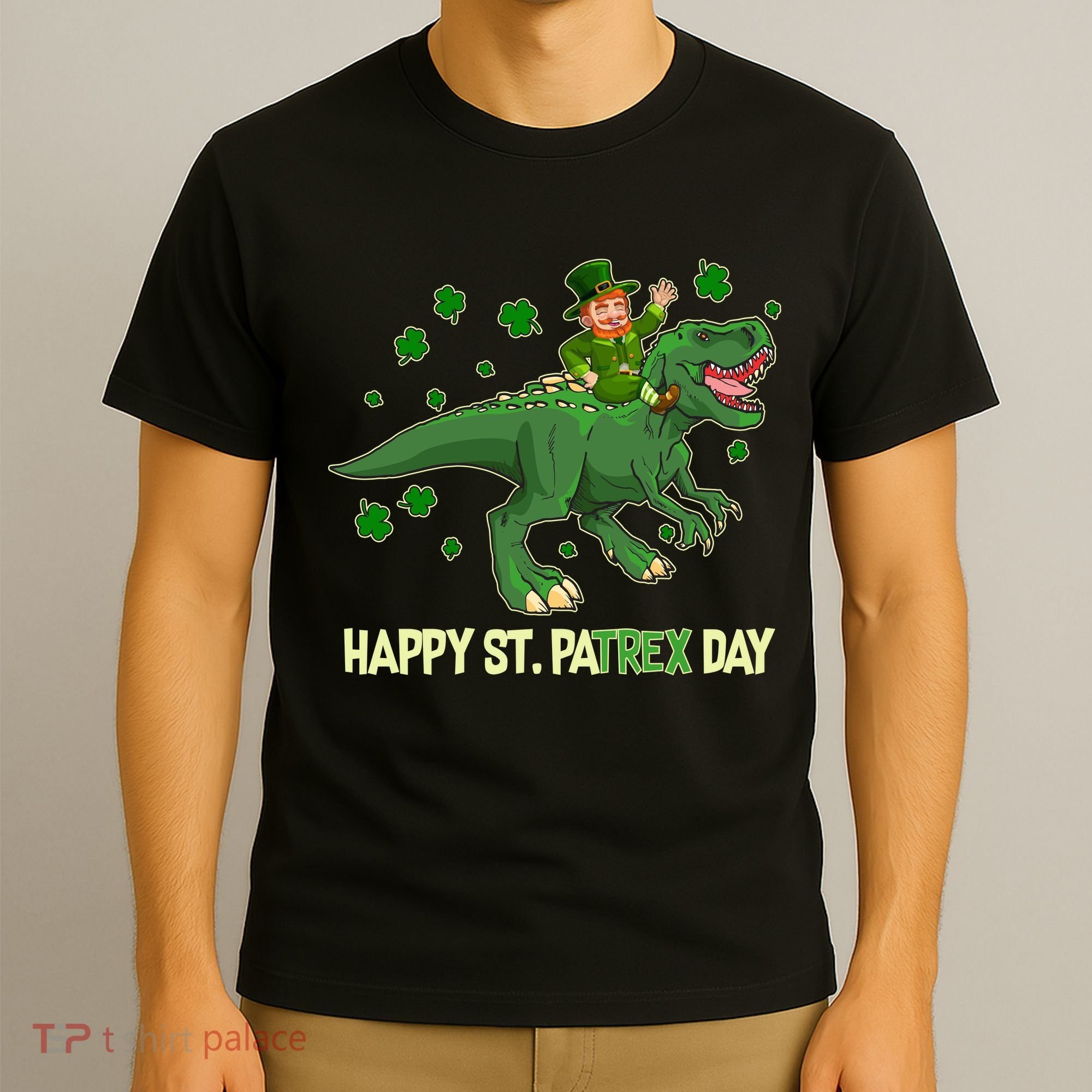 Happy St PaTREX Day Leprechaun Riding T-Rex Dinosaur T-Shirt