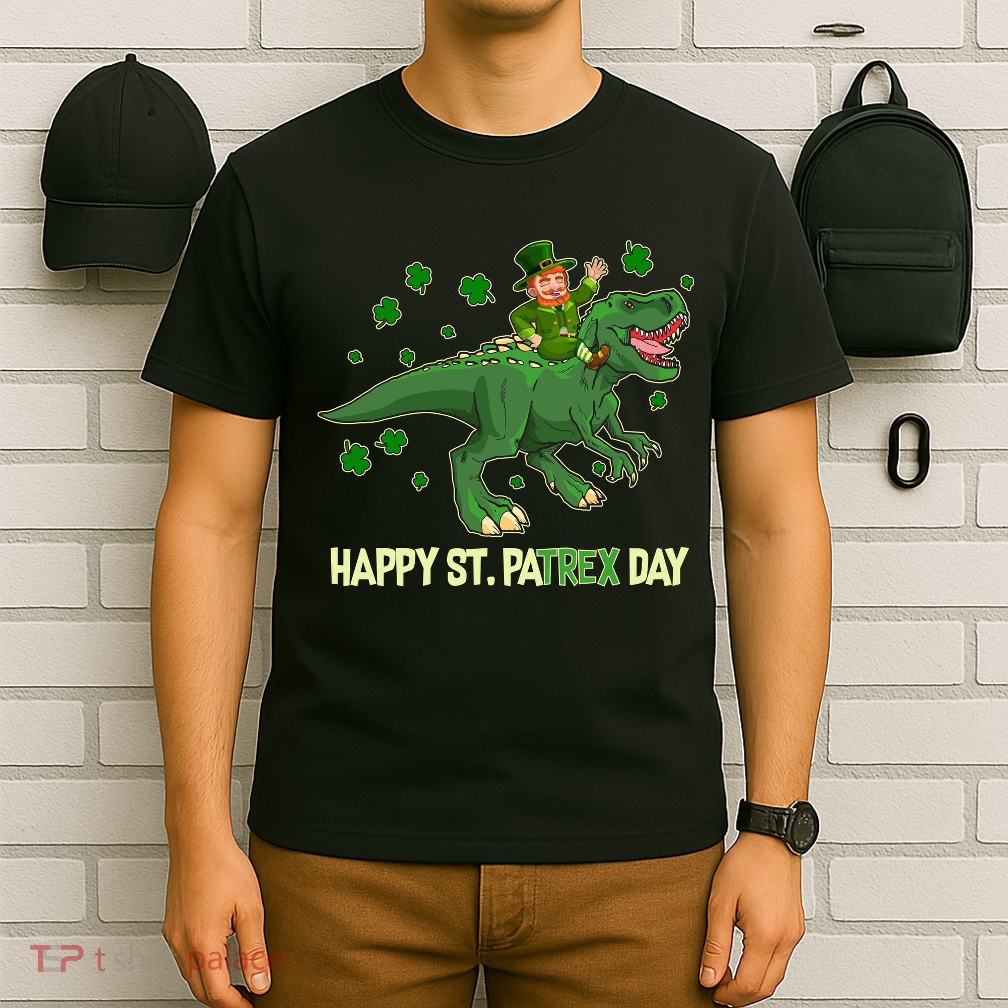 Happy St PaTREX Day Leprechaun Riding T-Rex Dinosaur T-Shirt