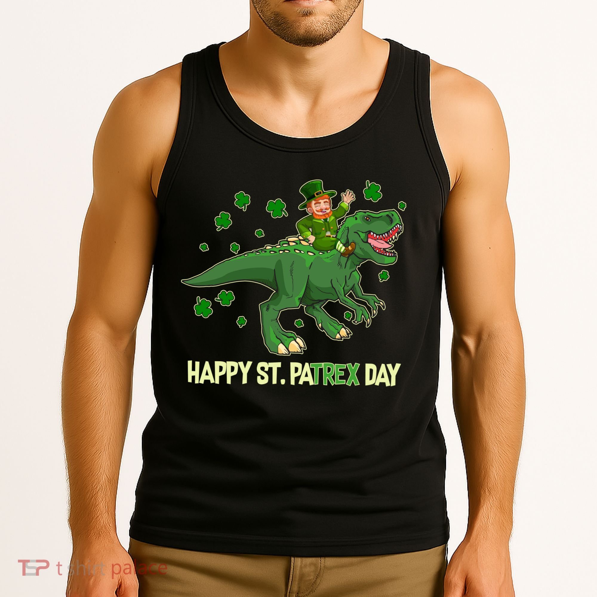 Happy St PaTREX Day Leprechaun Riding T-Rex Dinosaur Tank Top