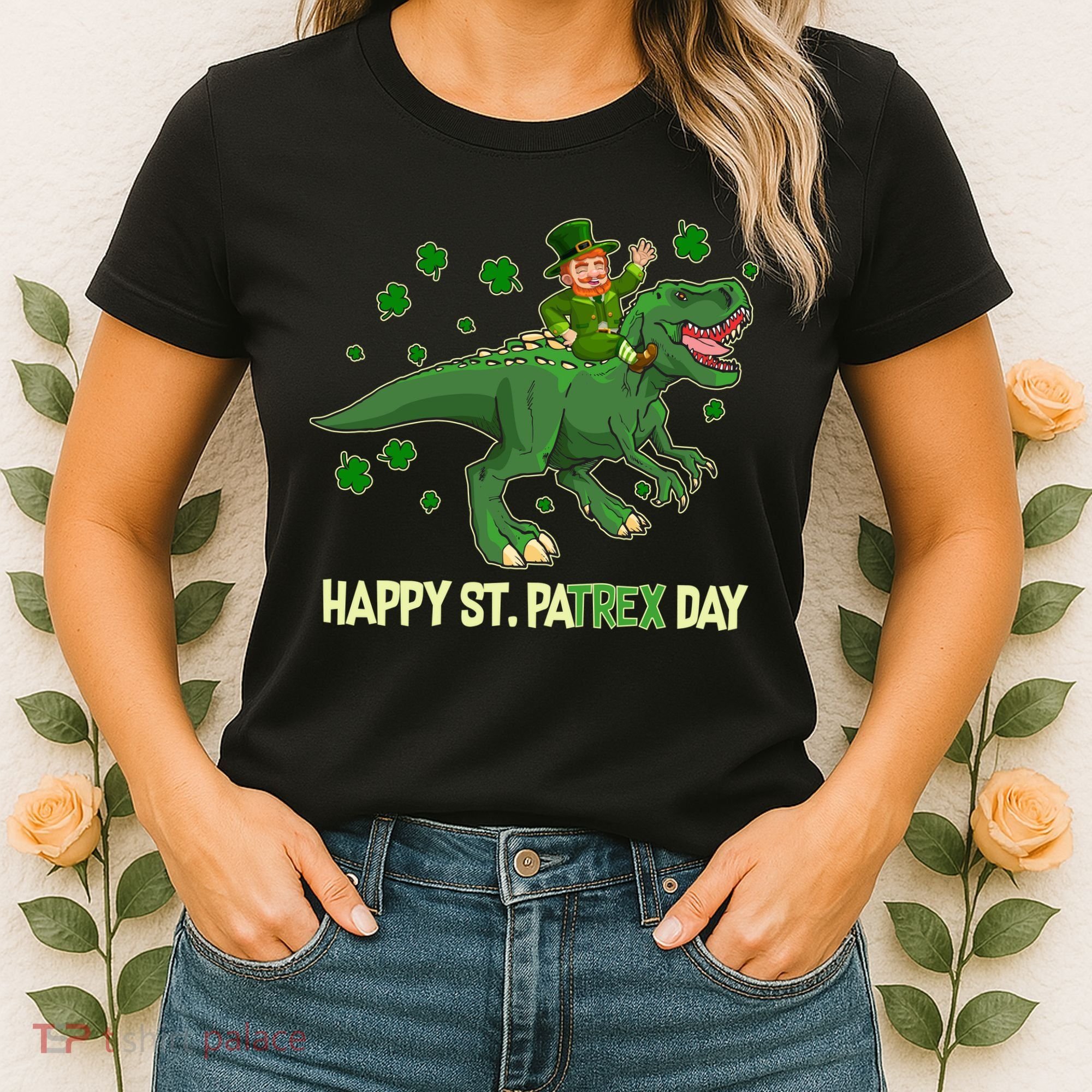 Happy St PaTREX Day Leprechaun Riding T-Rex Dinosaur Women's T-Shirt